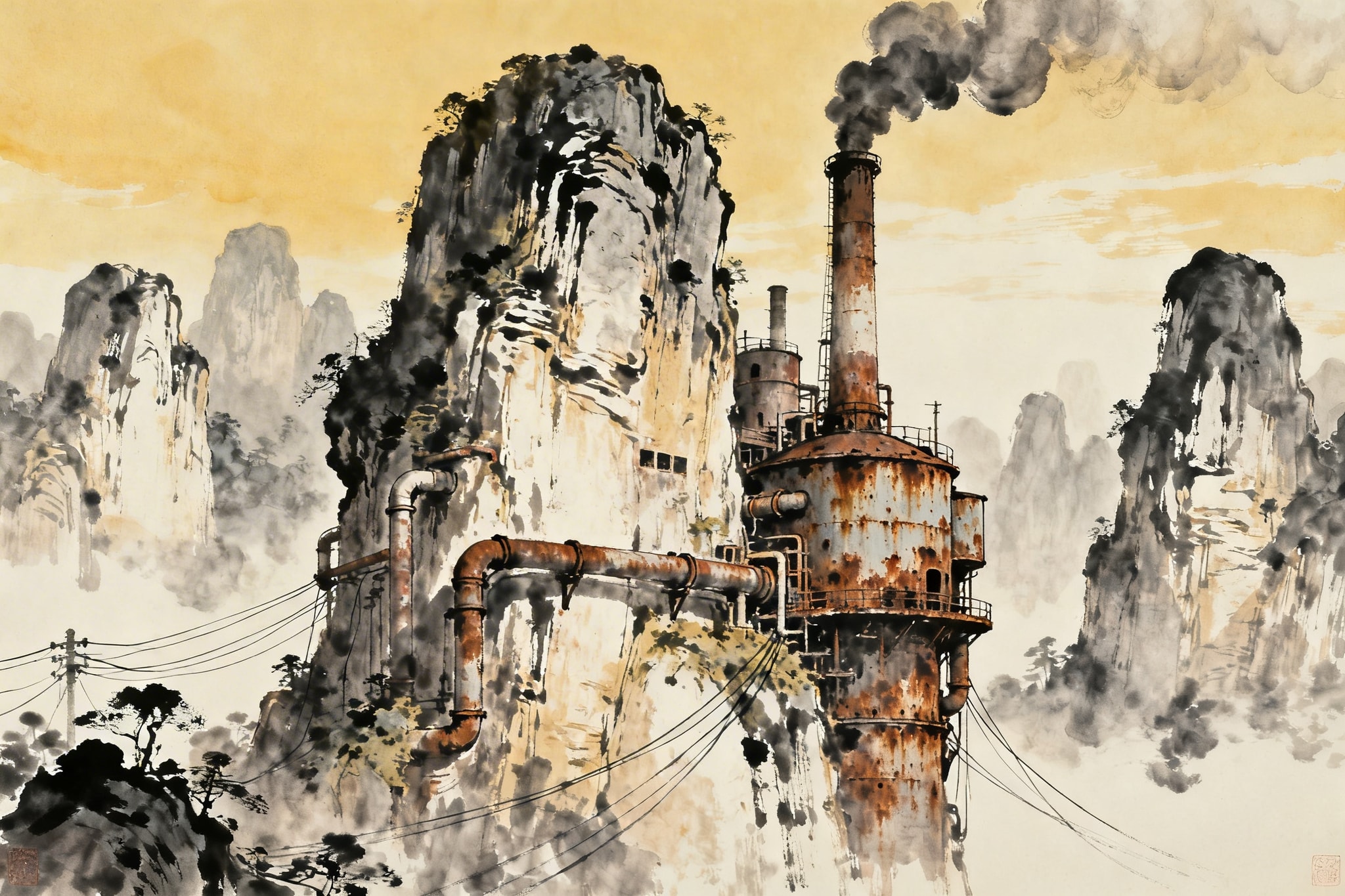Surreal ink wash illustration of a futuristic industrial plant built into a limestone karst mountain
