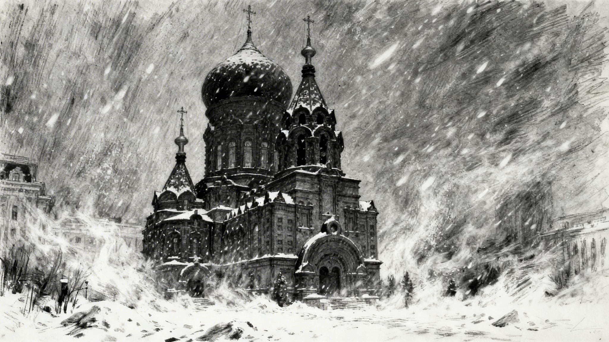 Heavy charcoal drawing of Saint Sophia Cathedral in Harbin during a snowstorm, with onion domes obscured by snow.