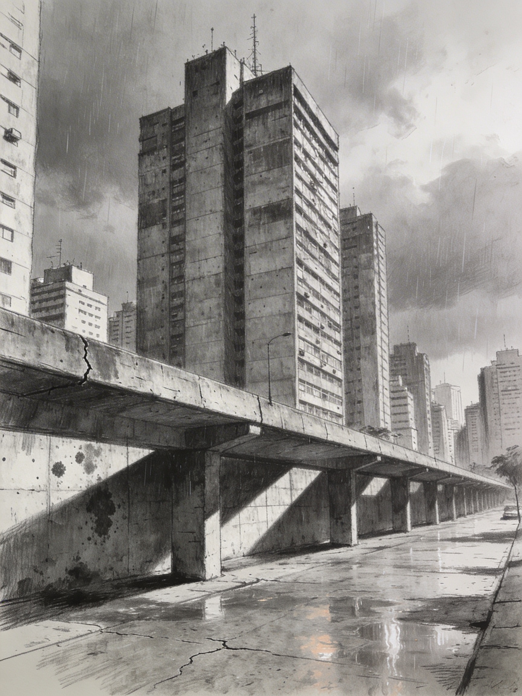 Graphite pencil drawing of brutalist architecture and a concrete overpass in São Paulo during rain