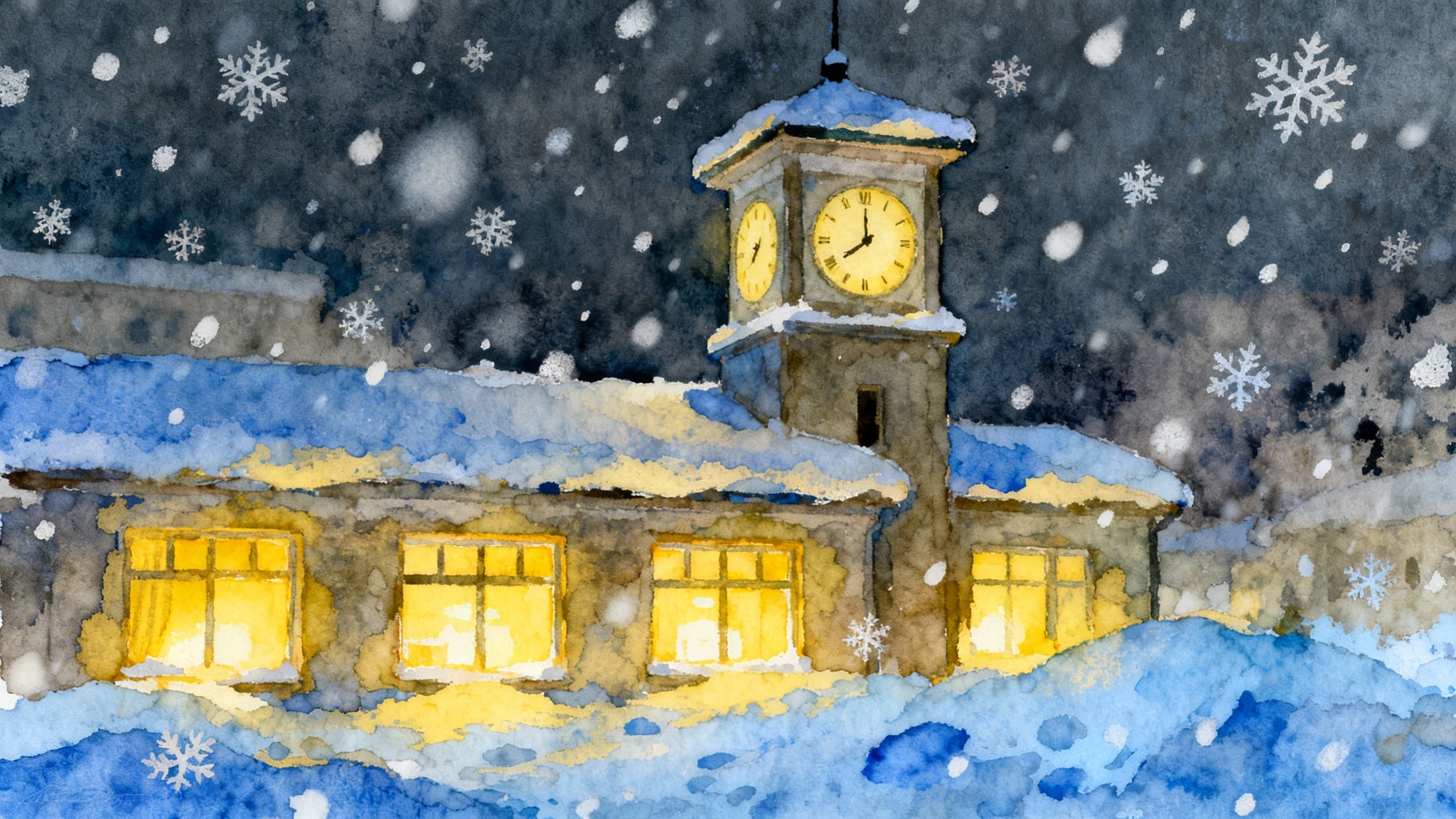Gouache painting of the historic Sapporo Clock Tower at night during a heavy snowfall with warm window light