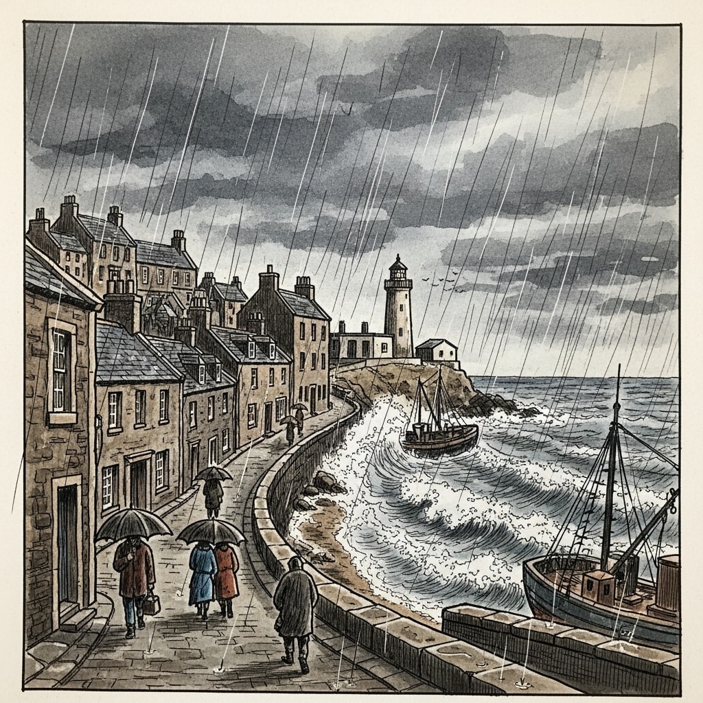 A 1980s book illustration style drawing of a Scottish coastal town in the rain