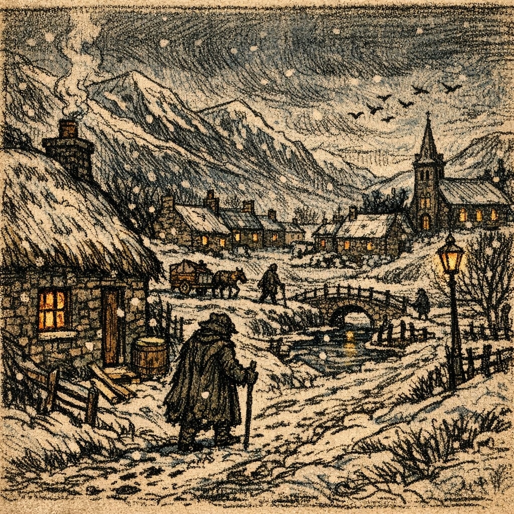 Textured rough line drawing of a rustic Scottish Highland town in the snow at dusk