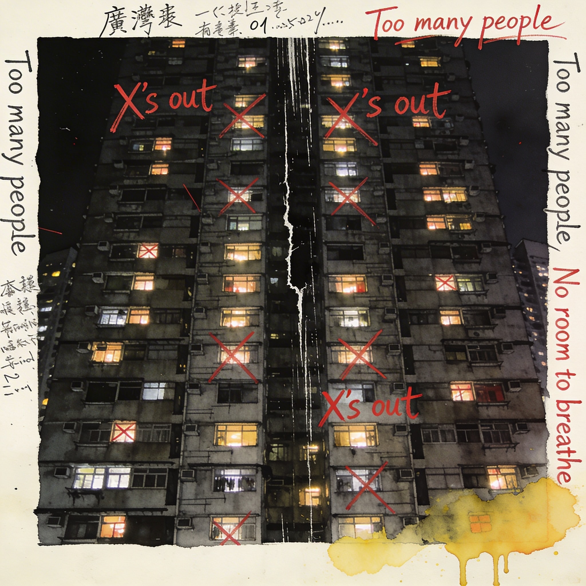 Damaged negative photograph of a towering brutalist apartment building in Hong Kong at night with thousands of lit windows, red scribbles, and handwritten notes.