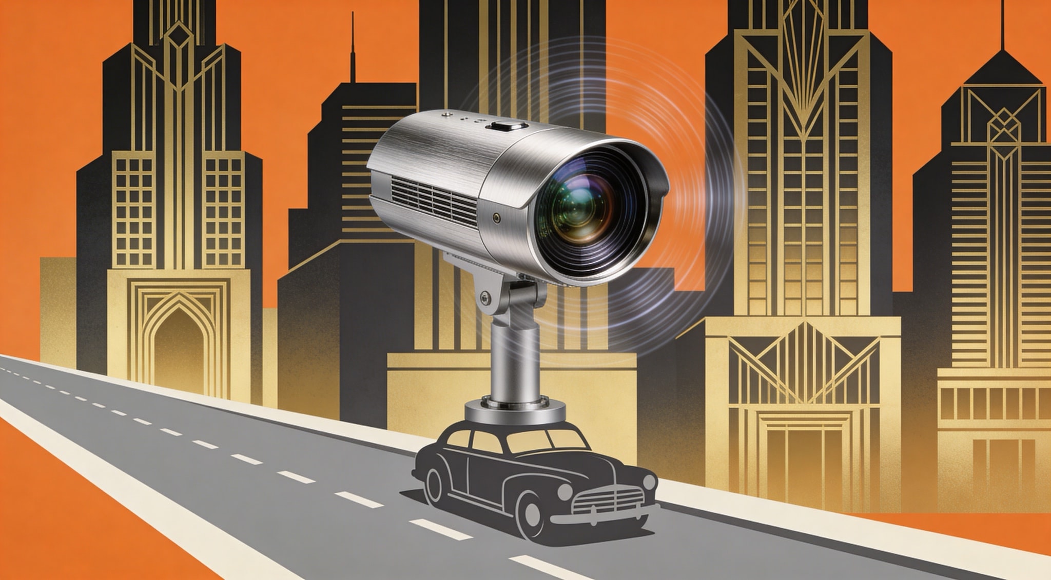 Illustration of a security camera on top of a car driving through an art deco city.