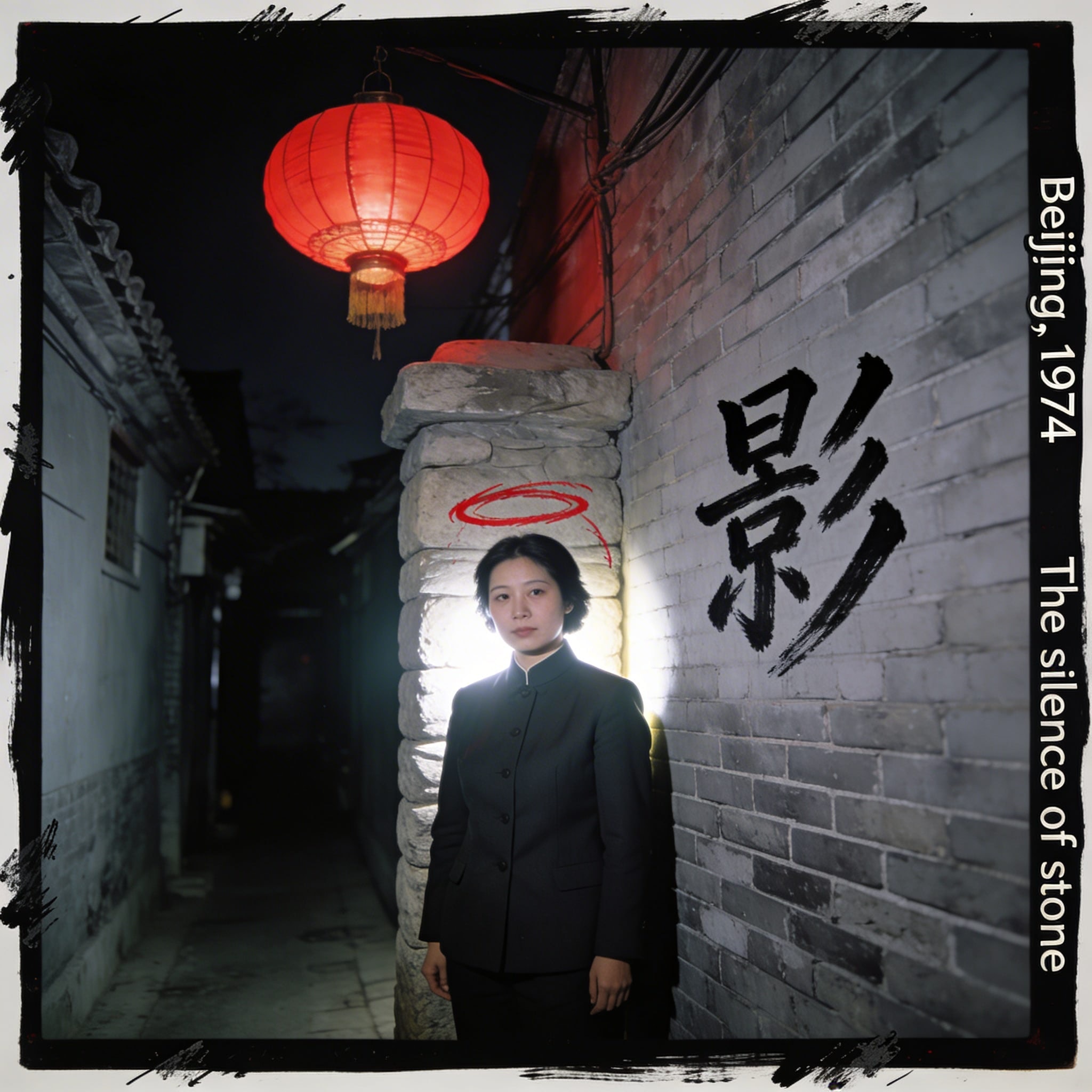 Portrait of a woman in a dark Mao suit standing in a narrow grey Beijing Hutong alley at night, lit by a dramatic rim light with a single red lantern.