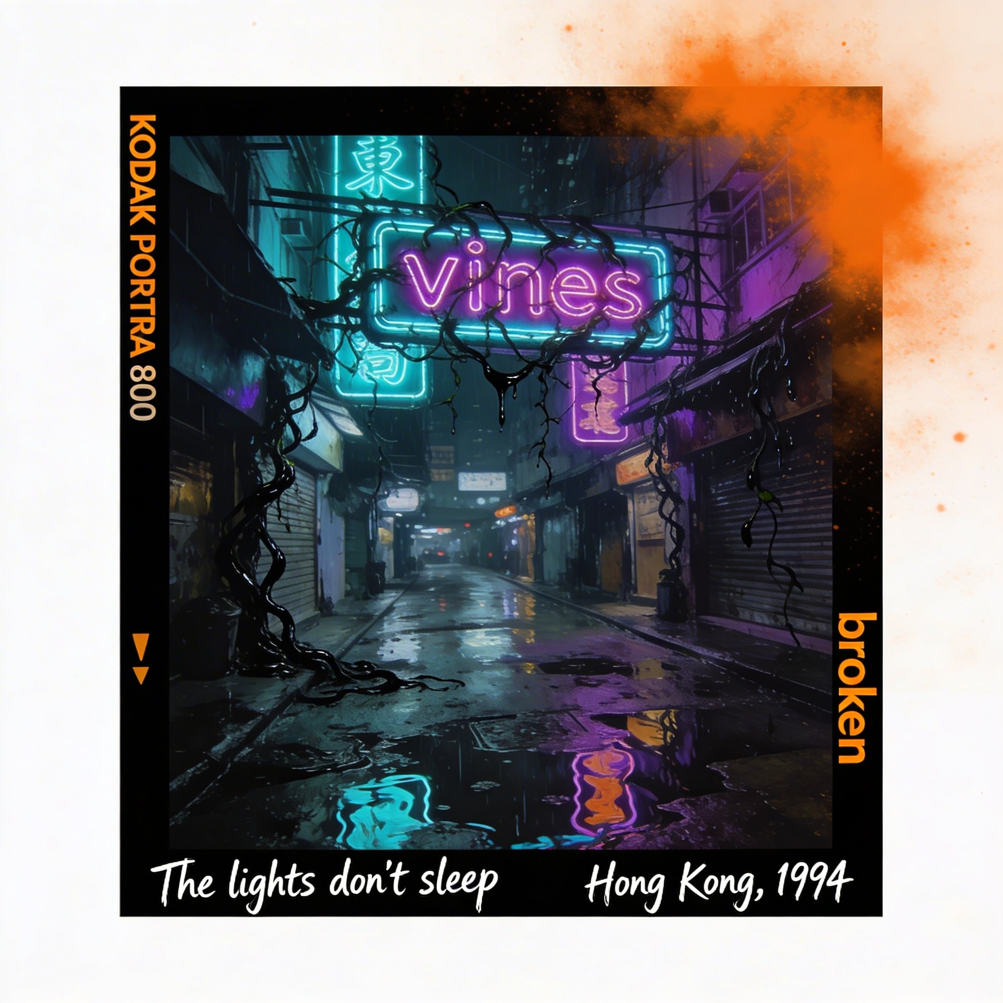 A square medium format photo of a rainy neon-lit alley in Sham Shui Po at night with film damage.