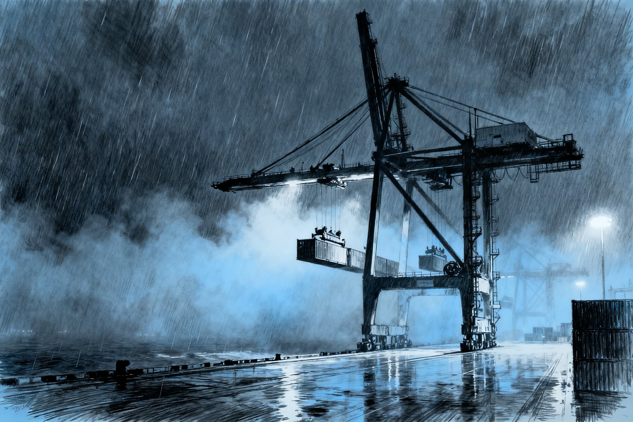 Charcoal sketch of a vast, automated container port in Shanghai at night with cranes in fog and rain