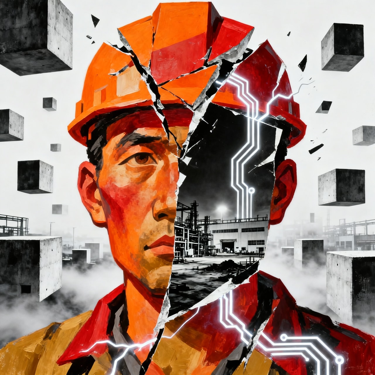 Digital collage of a shattered heroic worker's face held together by neon circuitry on a misty background with floating concrete blocks