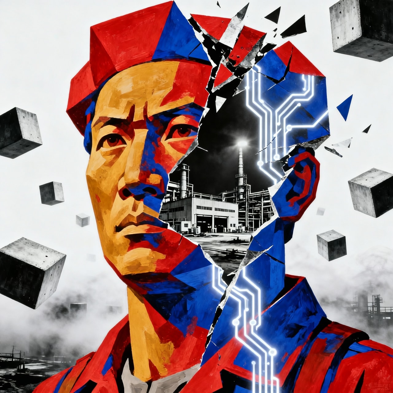 A digital collage of a shattered painted worker's face revealing a noir factory, held together by neon circuitry.