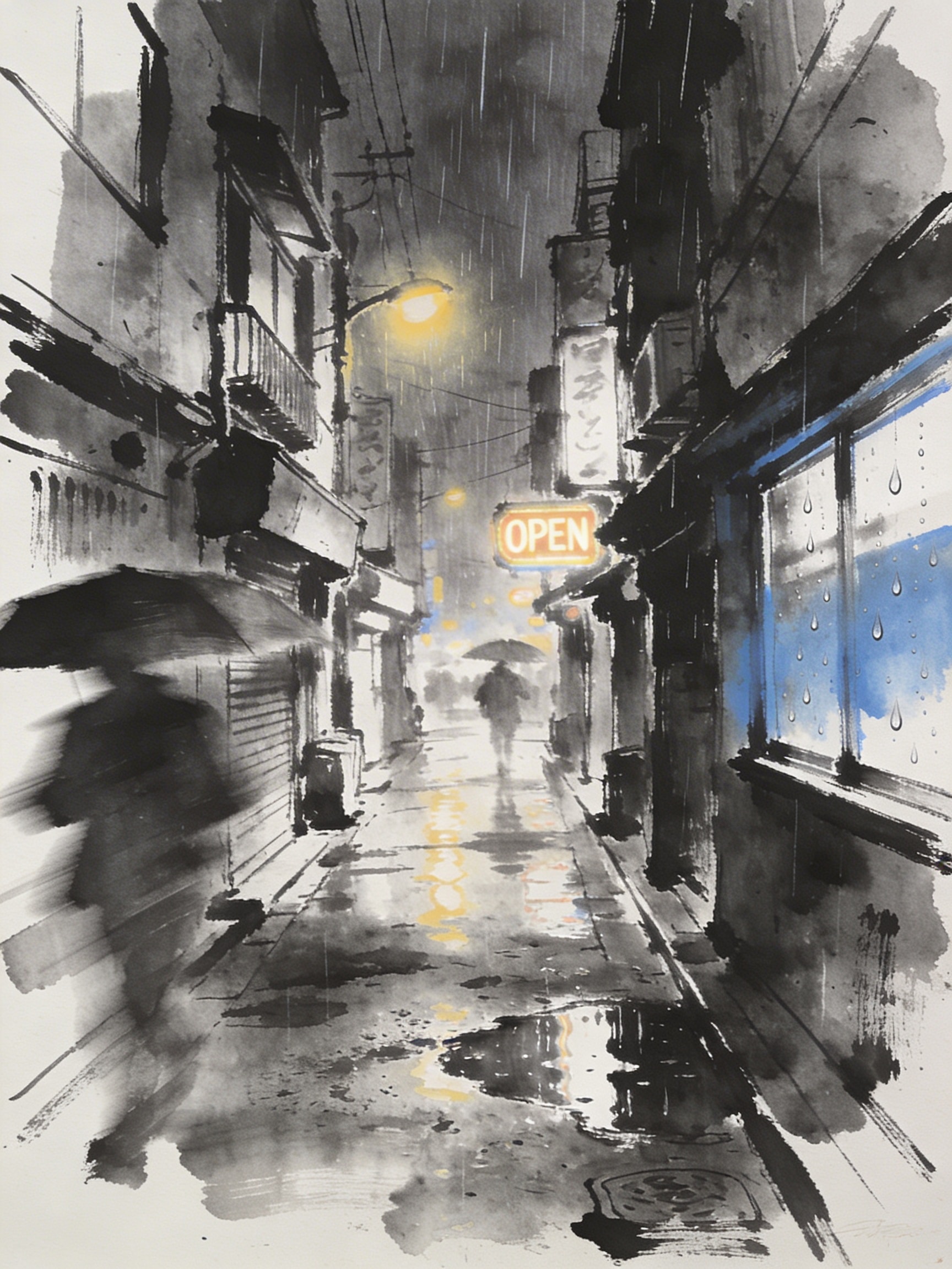 A gritty ink and wash drawing of a narrow Tokyo alleyway at night during a heavy rainstorm, with glowing neon signs reflecting on wet pavement.