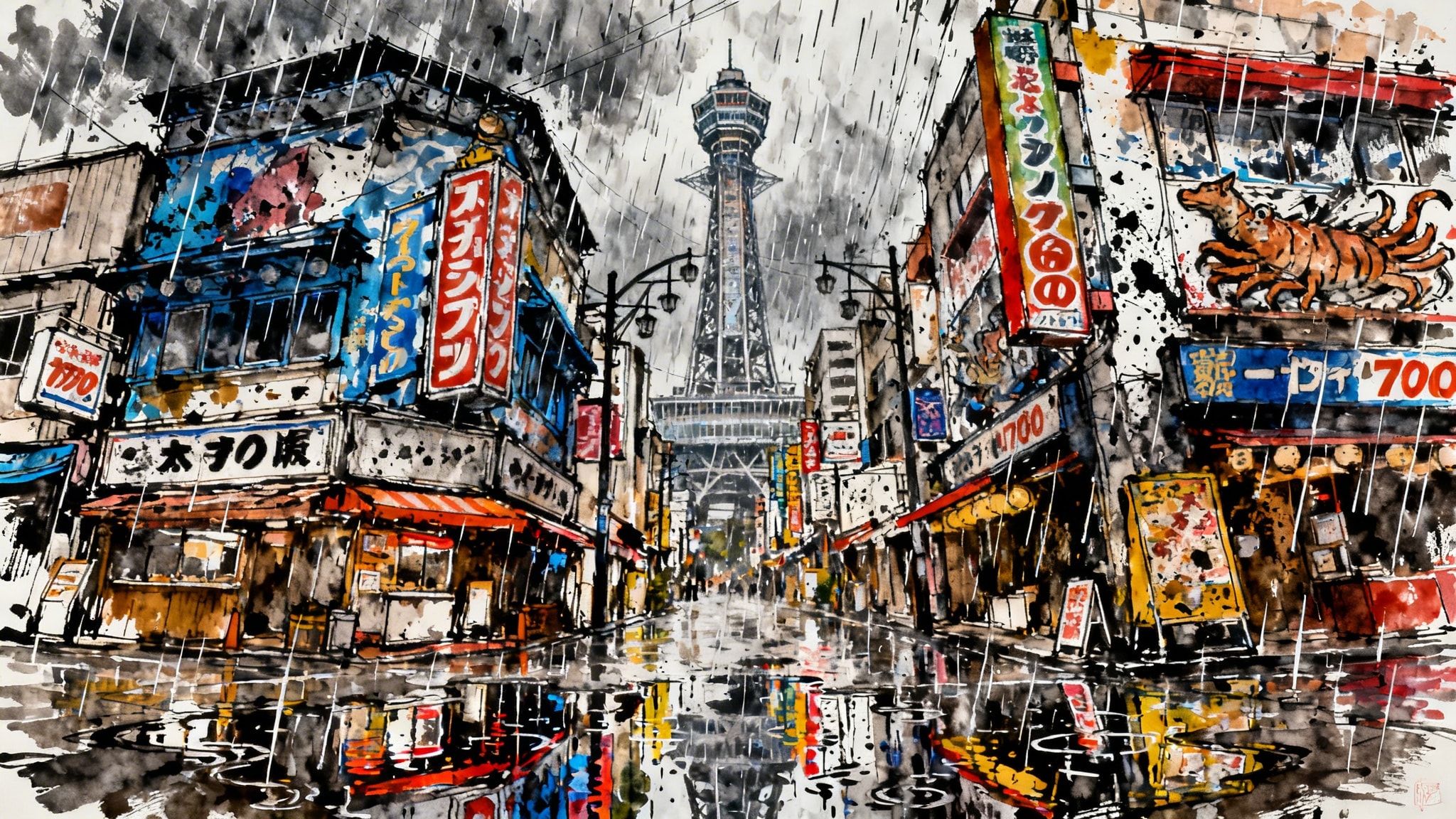 Expressive marker and ink illustration of Osaka's Shinsekai district at night in the rain, featuring Tsutenkaku Tower and retro neon signs.