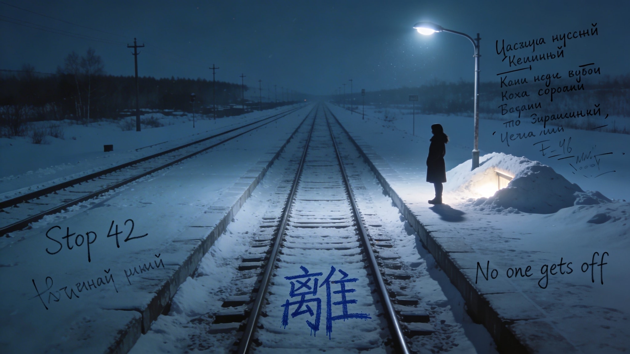 A panoramic night photo of a snowy Siberian train station platform with a lone woman under a flickering streetlamp.