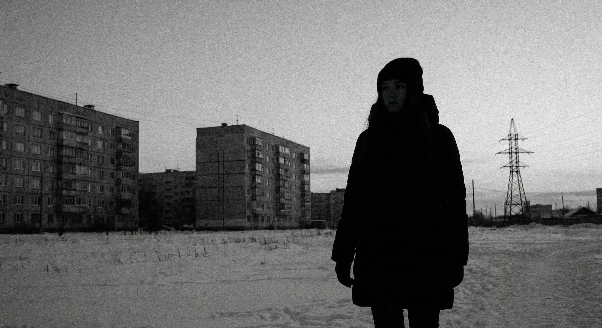 Black silhouette of a young female figure in a snowy Russian landscape with Soviet-era architecture
