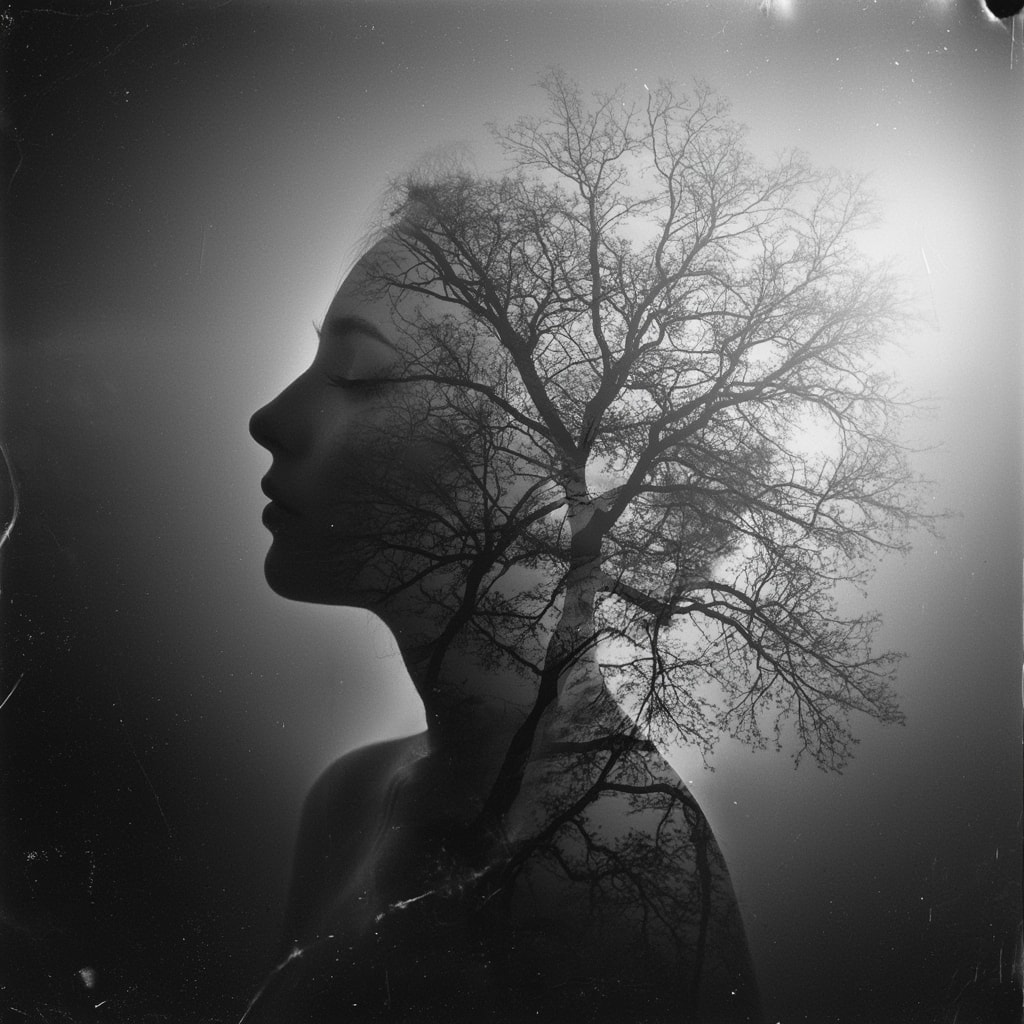 Black and white double exposure portrait of a woman's profile blending into a barren tree