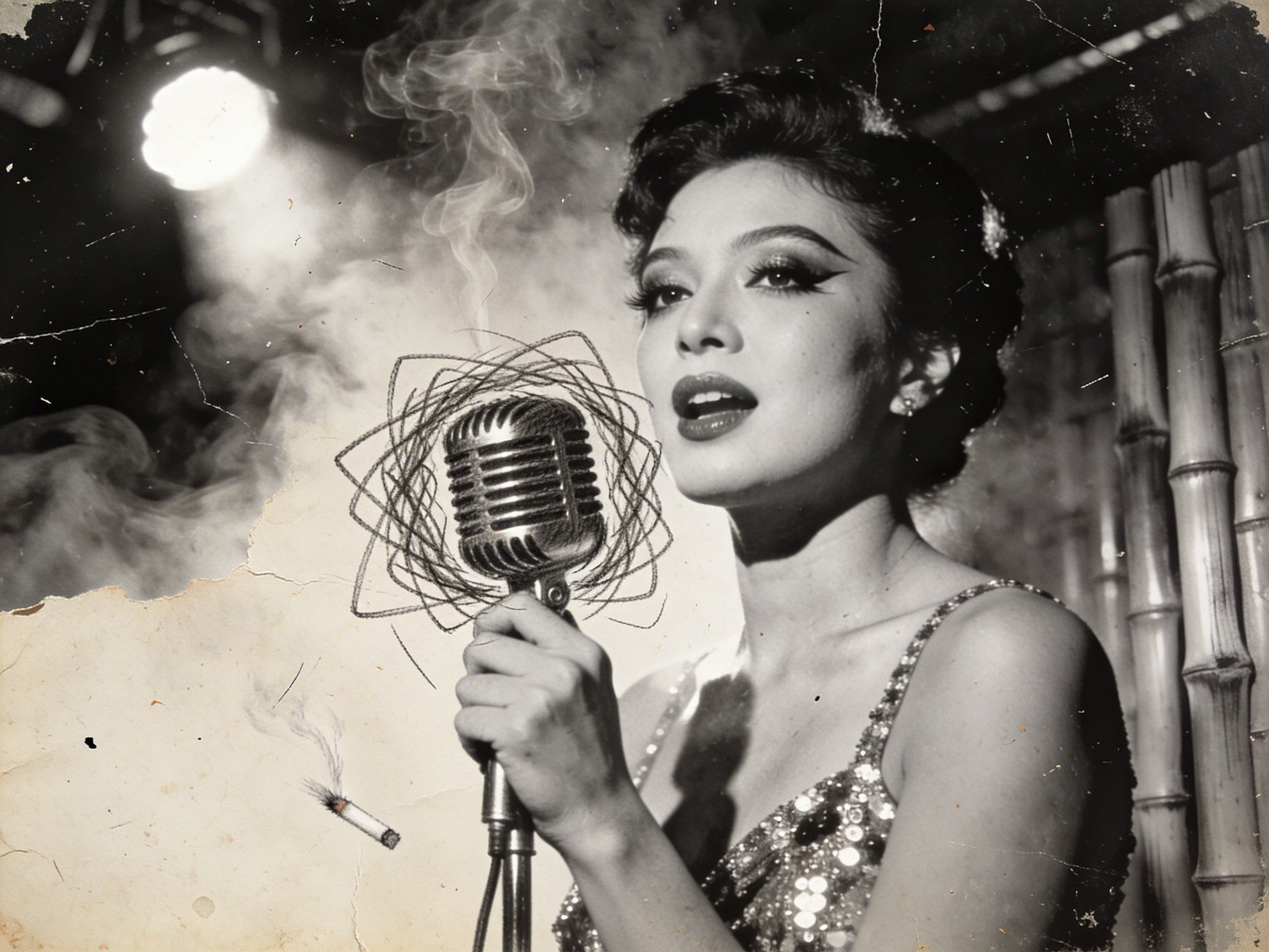 Black and white photo of a singer with heavy makeup holding a microphone in a smoky, distressed vintage club setting.