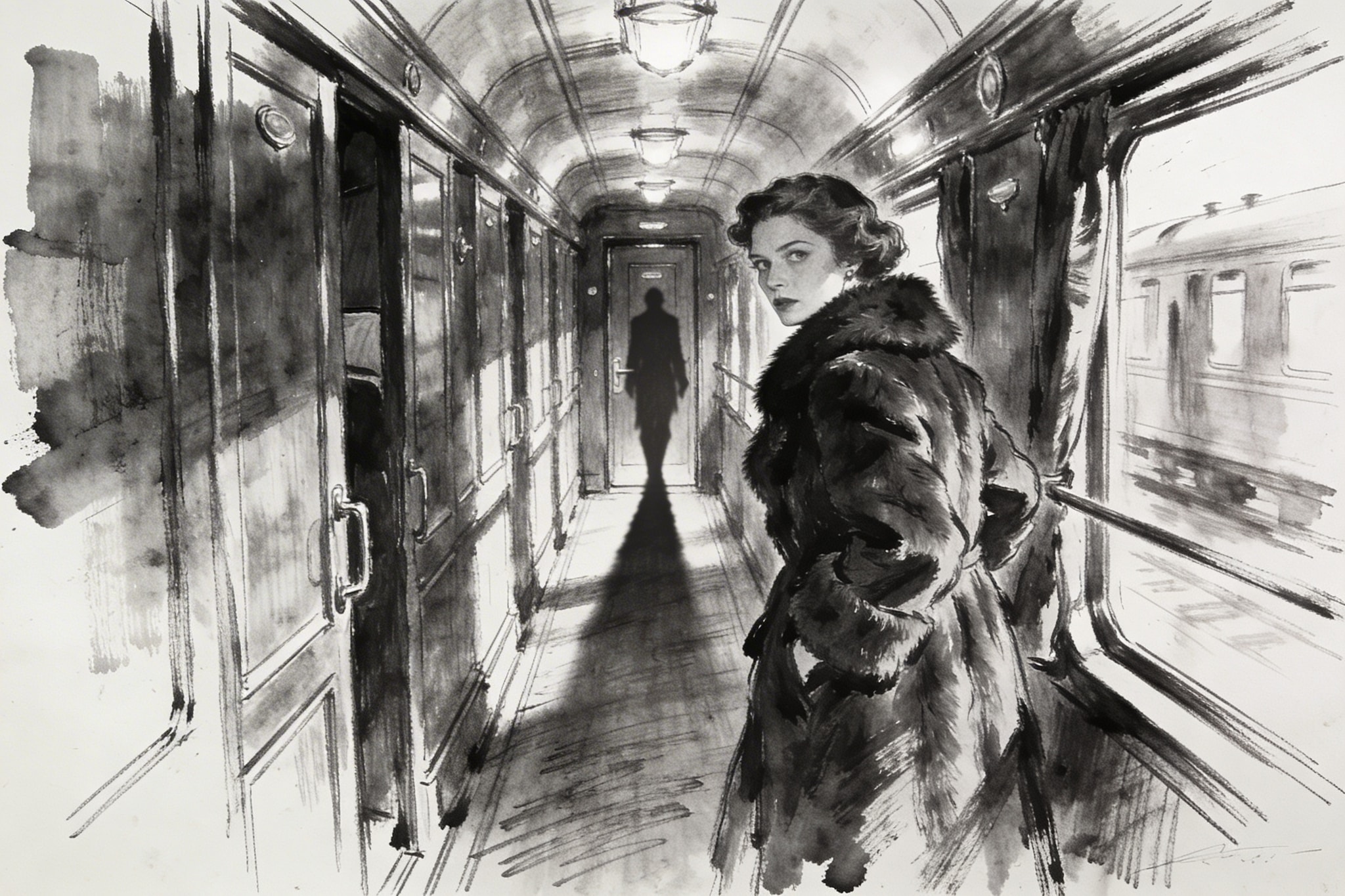 Charcoal and ink wash sketch of a tense woman in a fur coat looking back at a long shadow in a 1930s train corridor