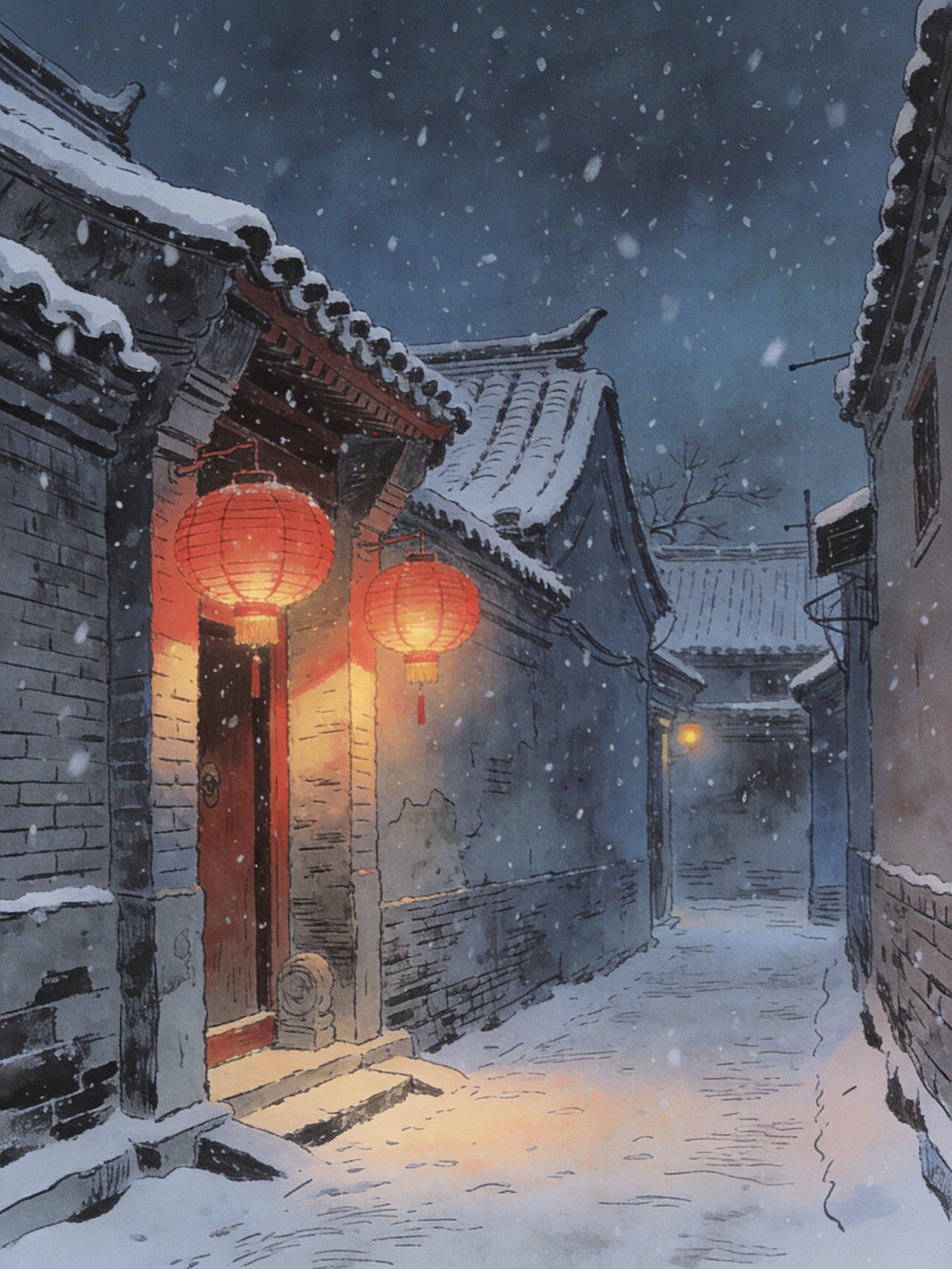 Line drawing of a traditional Beijing hutong alley during a heavy evening snowfall, featuring glowing red paper lanterns