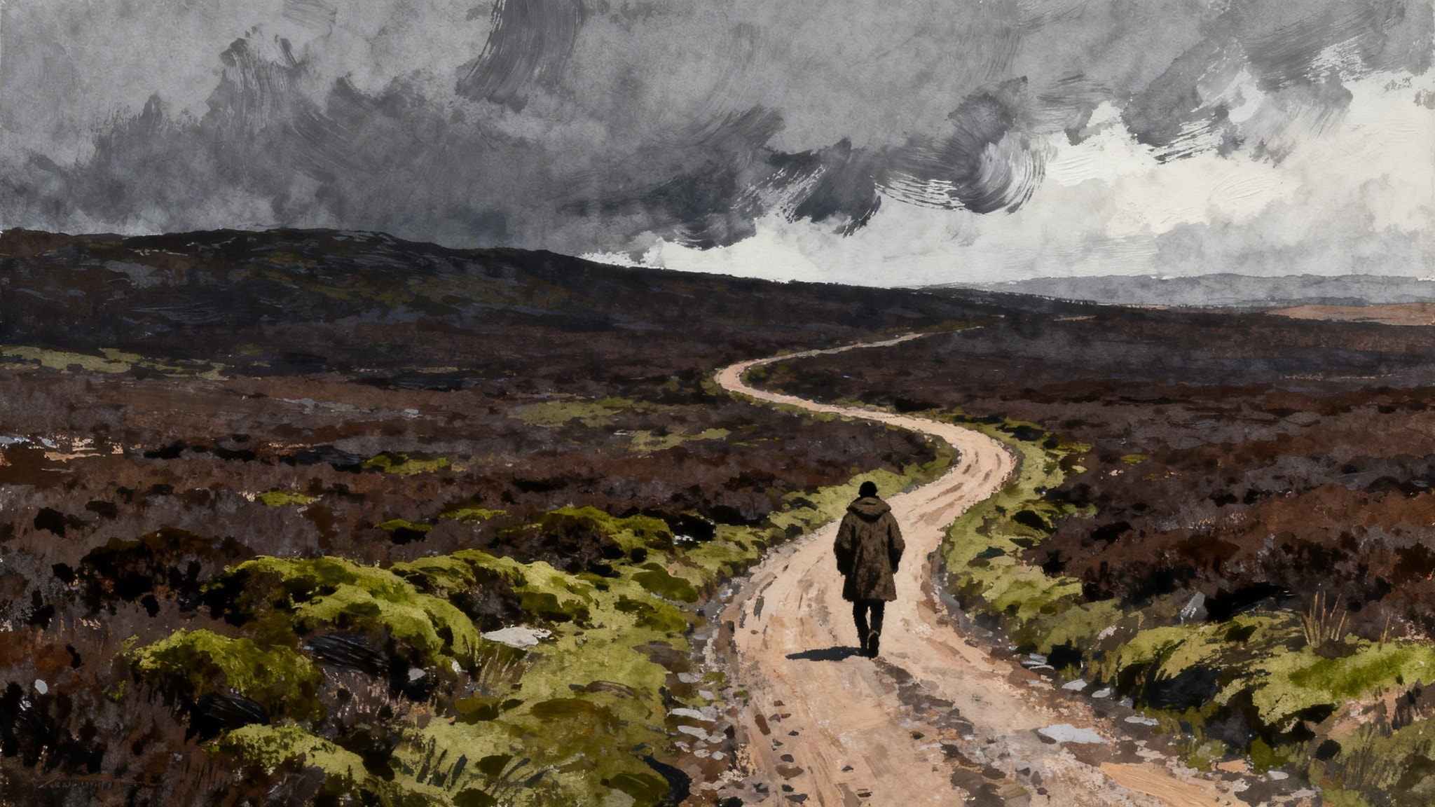 Atmospheric gouache painting of a lone traveler walking a dirt road in the Scottish Highlands under a moody grey sky.