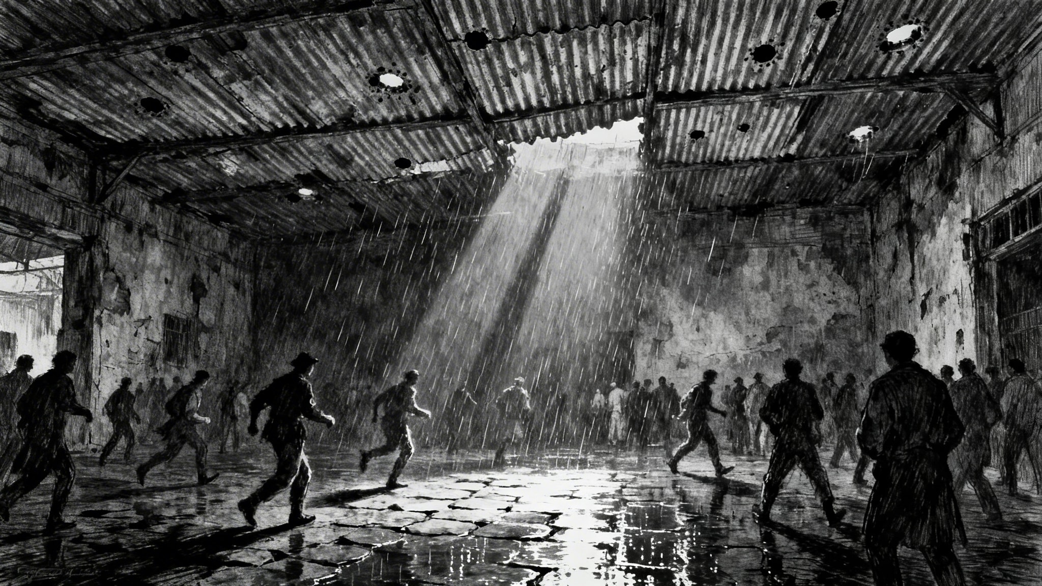 Claustrophobic pen drawing of a covered souk with light through bullet holes in a corrugated iron roof during a rainstorm.
