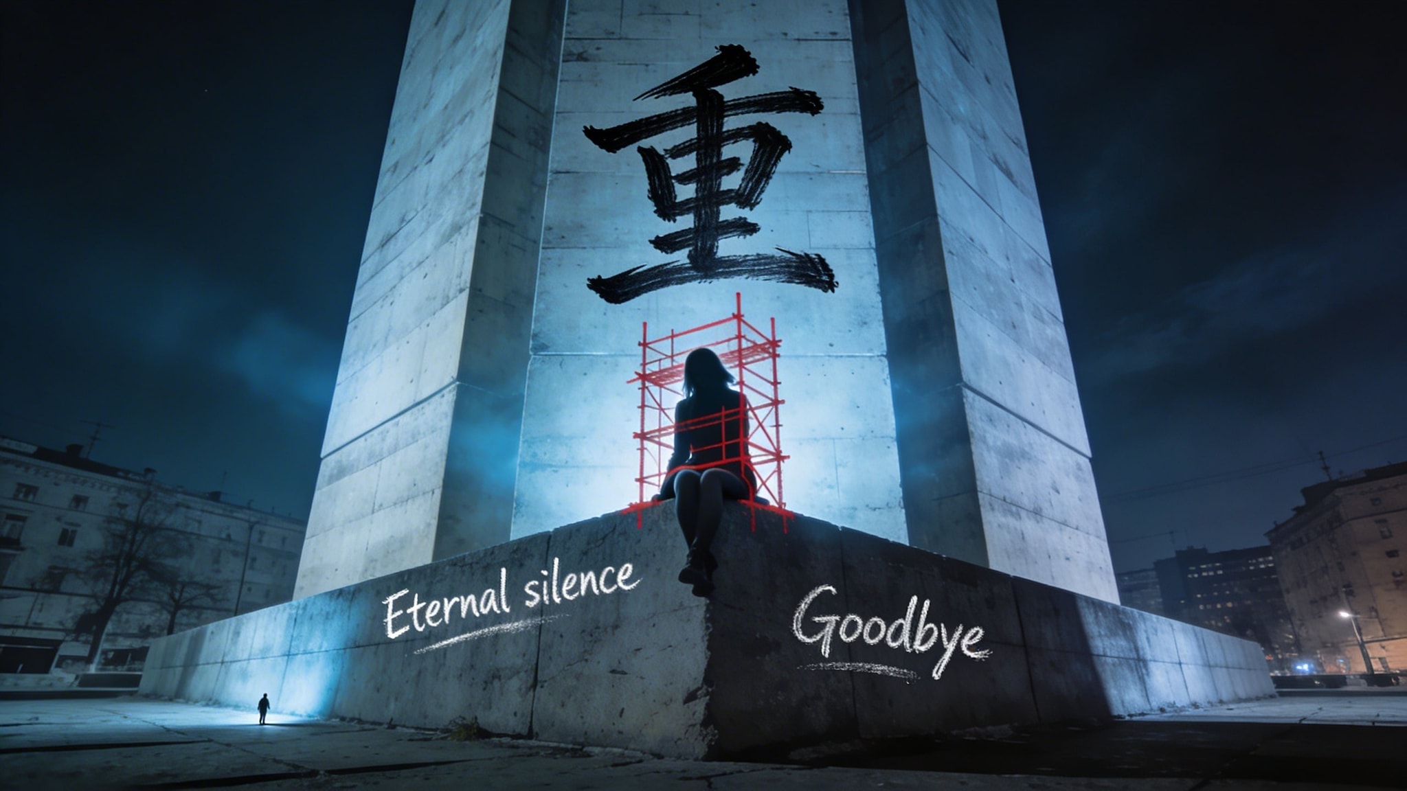 A massive concrete Soviet monument in a deserted square with a tiny woman sitting at its base, illuminated by a blue flash. The Chinese character for 'heavy' and red scaffolding lines are drawn on the scene.