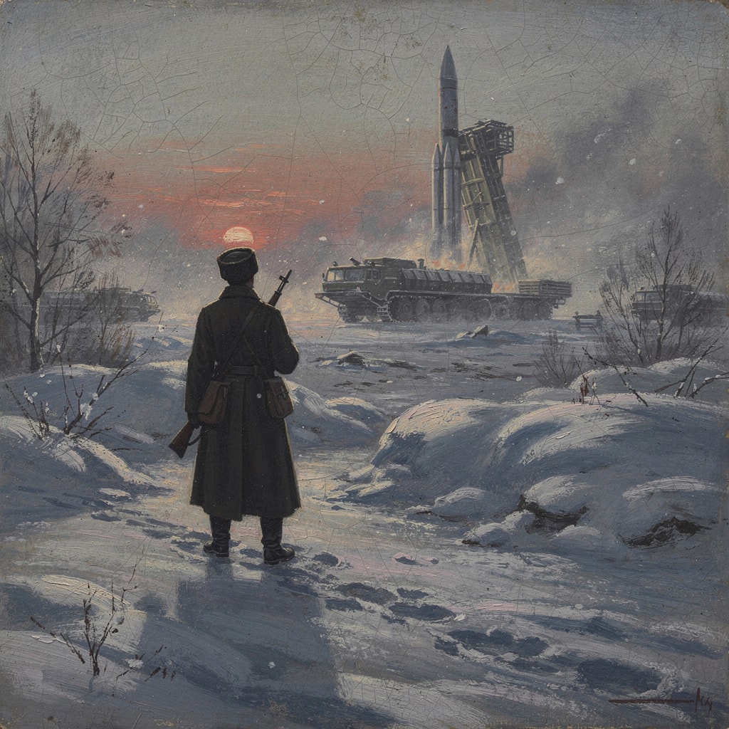 Silhouette of a Soviet soldier in a snowy landscape with a rocket launch in background, Russian painting style