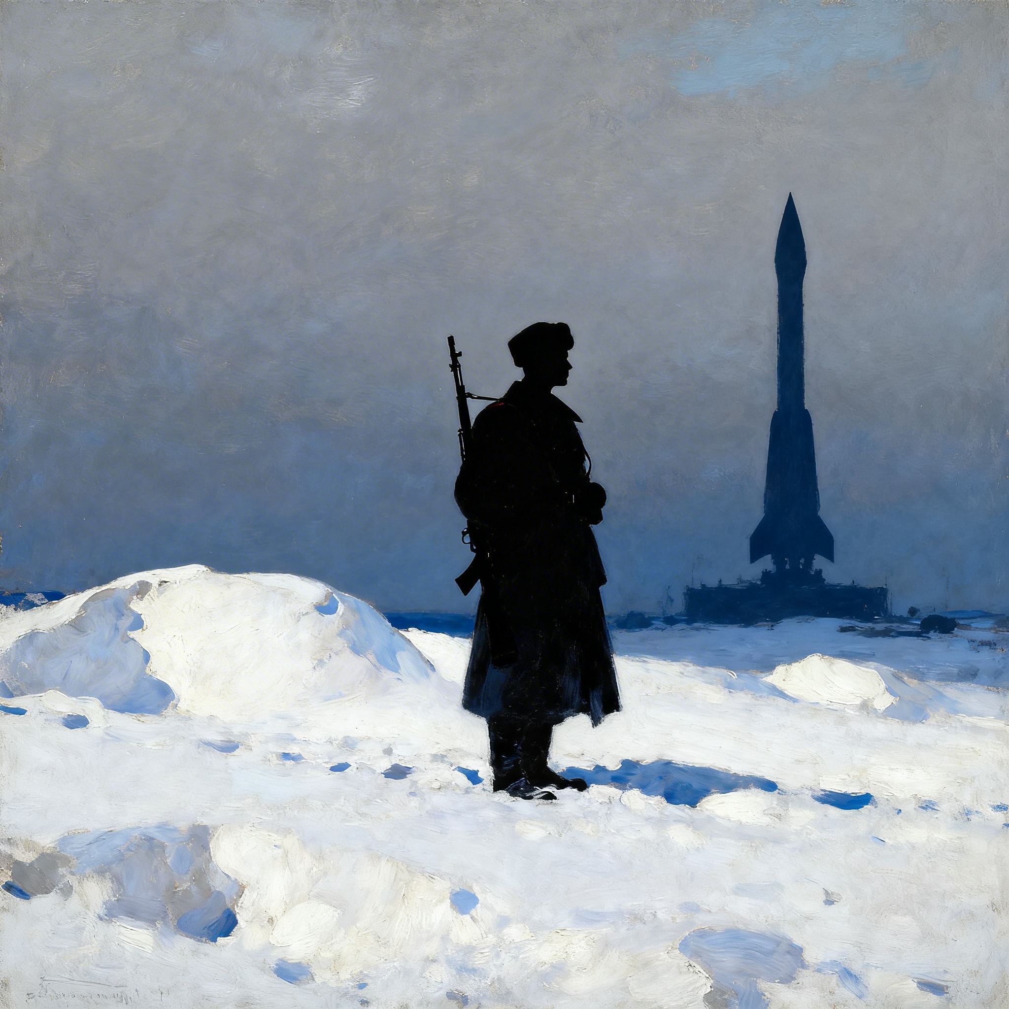 Silhouette of a Soviet soldier in a snowy landscape with a rocket launch in background, Russian painting style