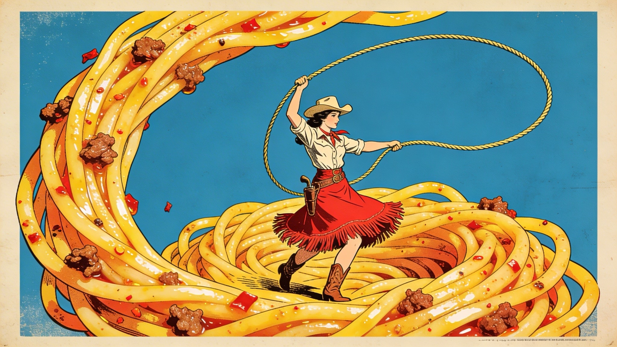 Retro illustration of a cowgirl lassoing giant spaghetti noodles with meatballs.