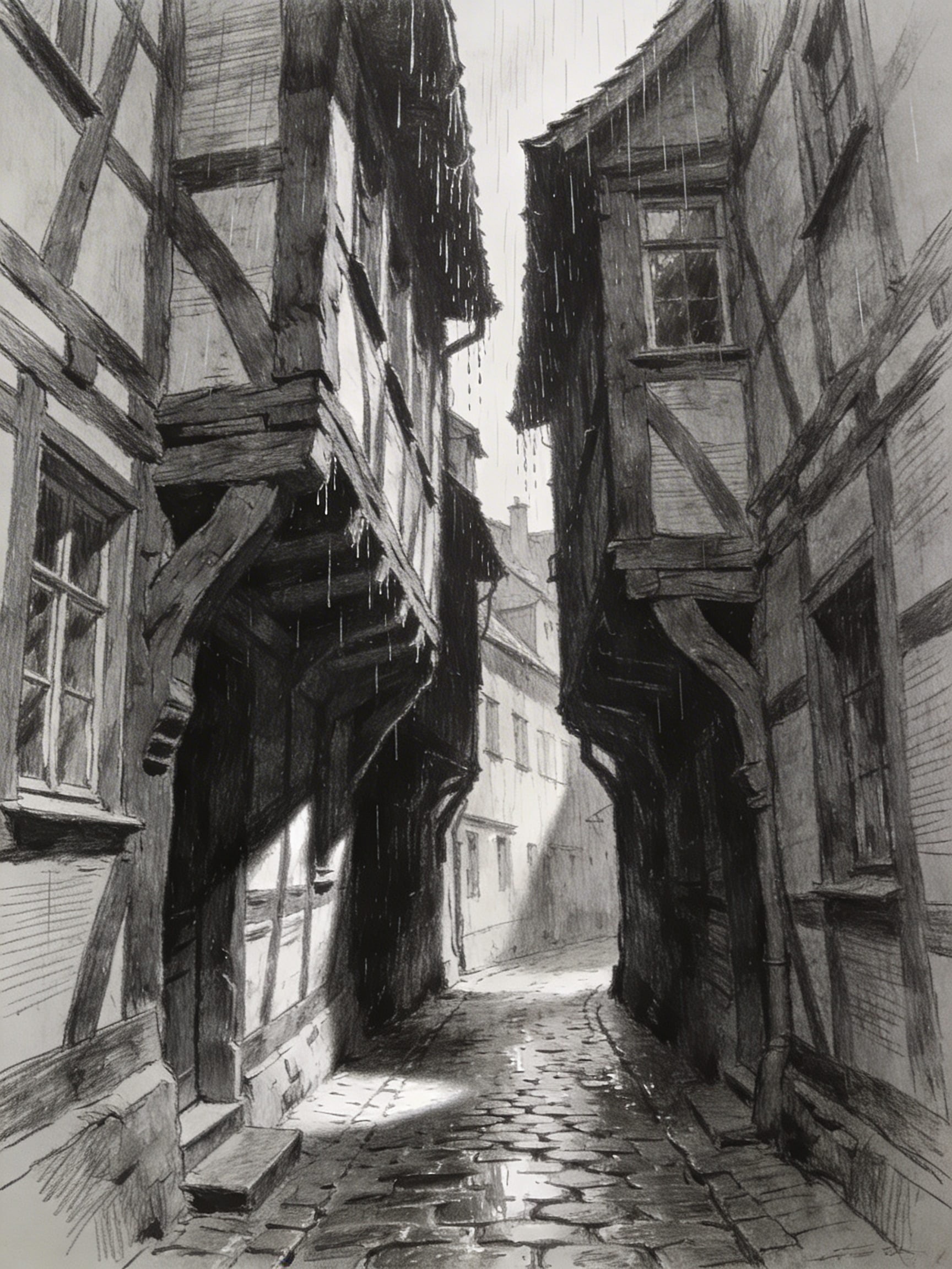 Moody ink drawing of the narrow Spreuerhofstraße street in Reutlingen during heavy rain