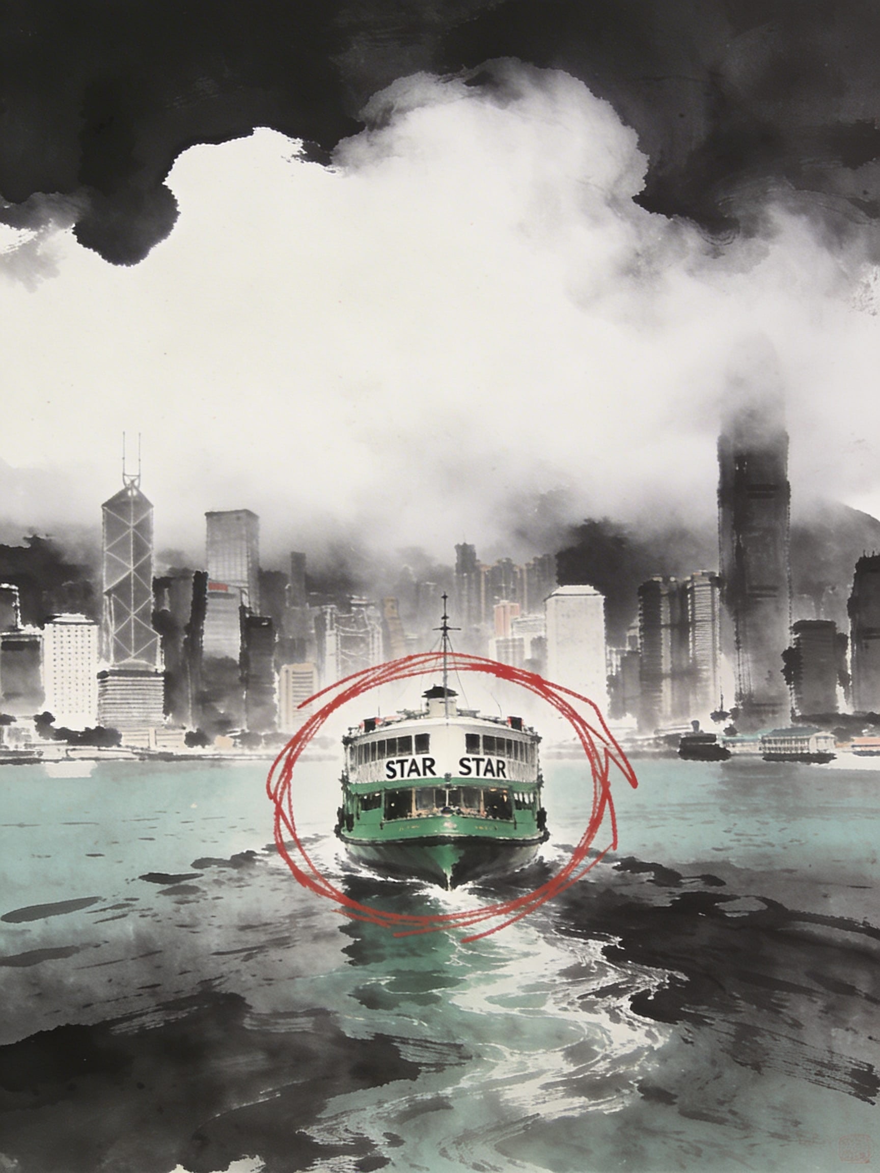 Minimalist movie poster of a hyper-realistic green Star Ferry in Hong Kong's Victoria Harbour, encircled by a red scribble, set against a dark ink-wash skyline and watercolor fog.