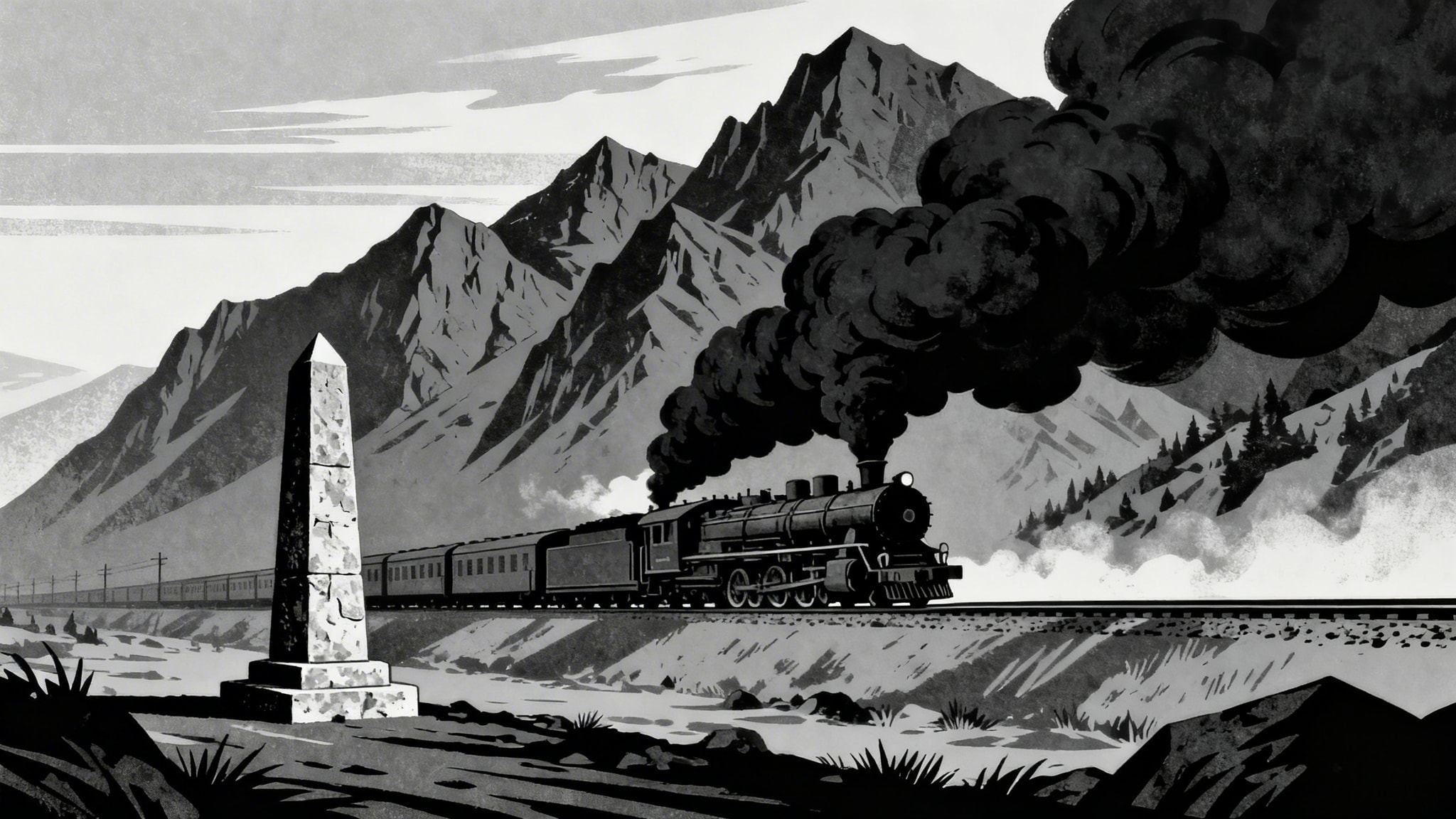 Black and white graphic illustration of a steam train passing a stone obelisk in a mountain landscape.