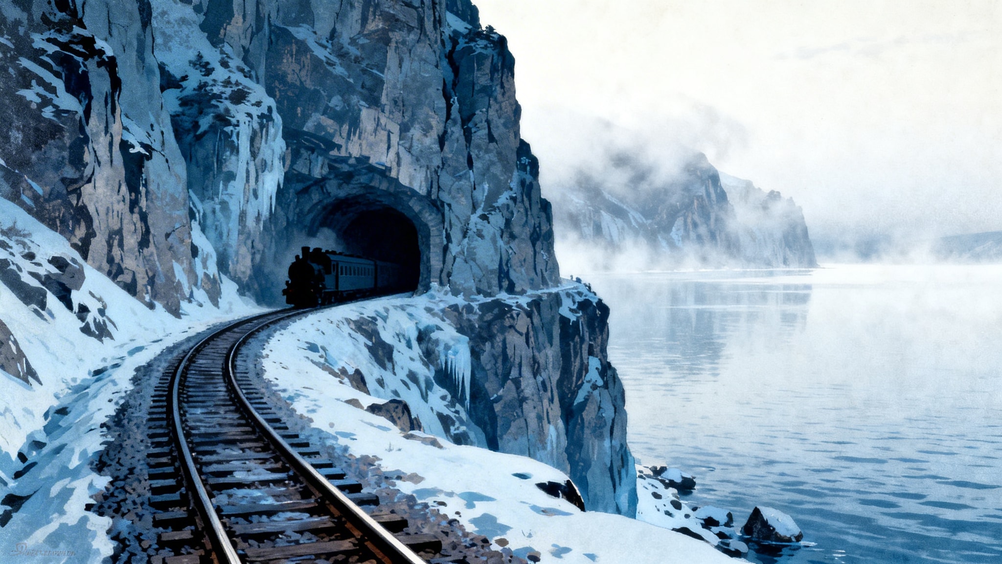 Steam train emerging from a snow-covered mountain tunnel next to a frozen lake.