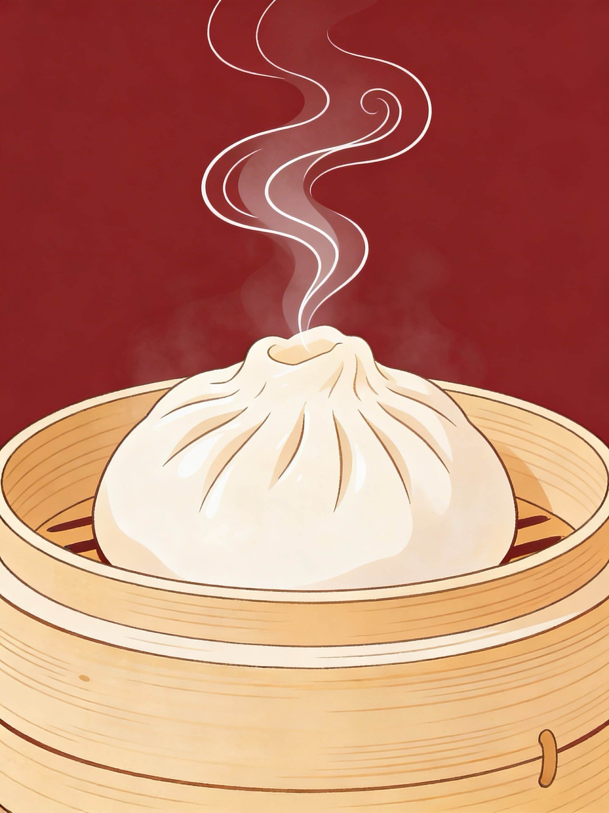 Close-up of a single soup dumpling steaming in a bamboo basket on a dark red background