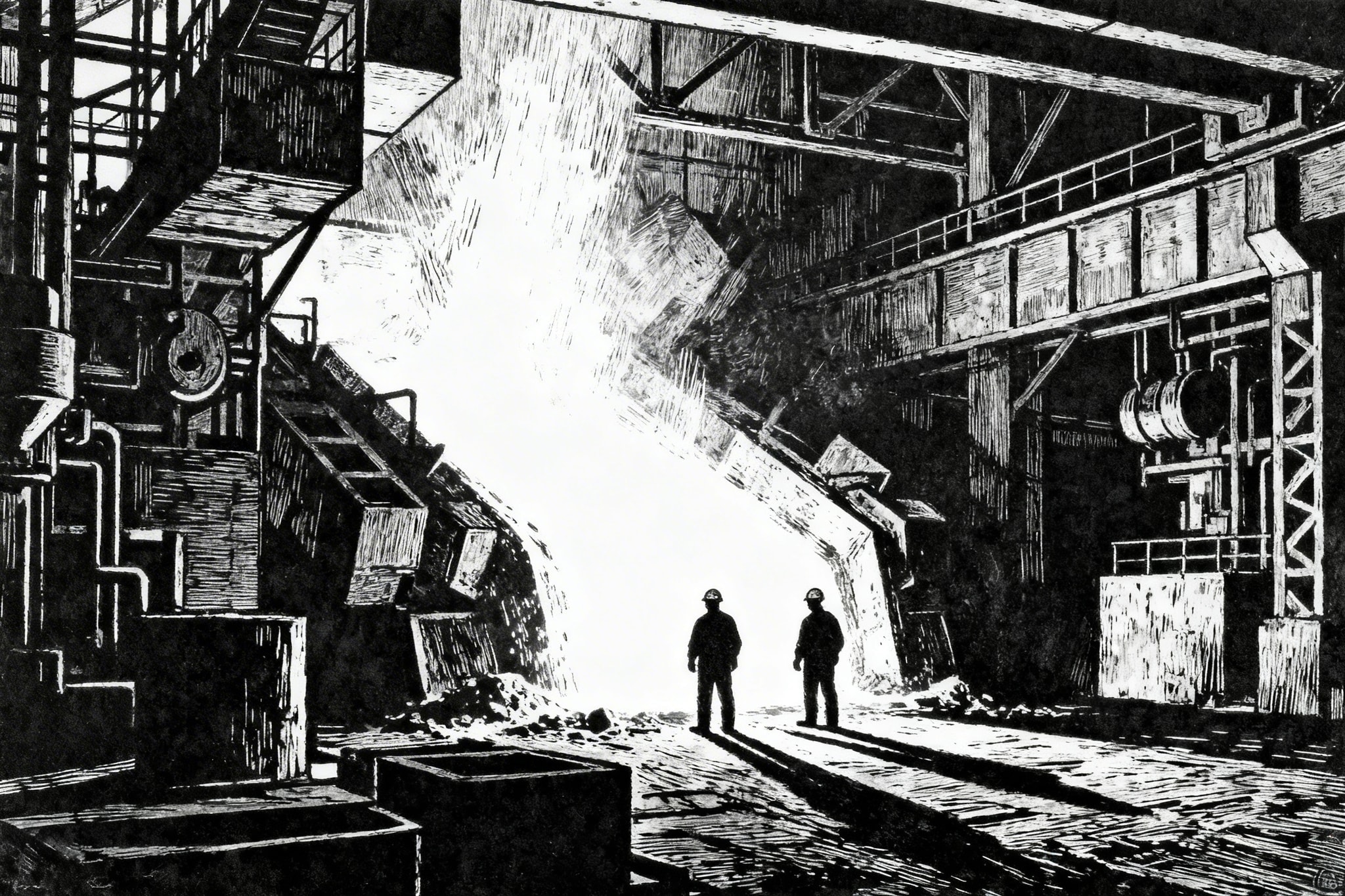 Dramatic ink drawing of a steel mill interior showing silhouetted workers against molten metal