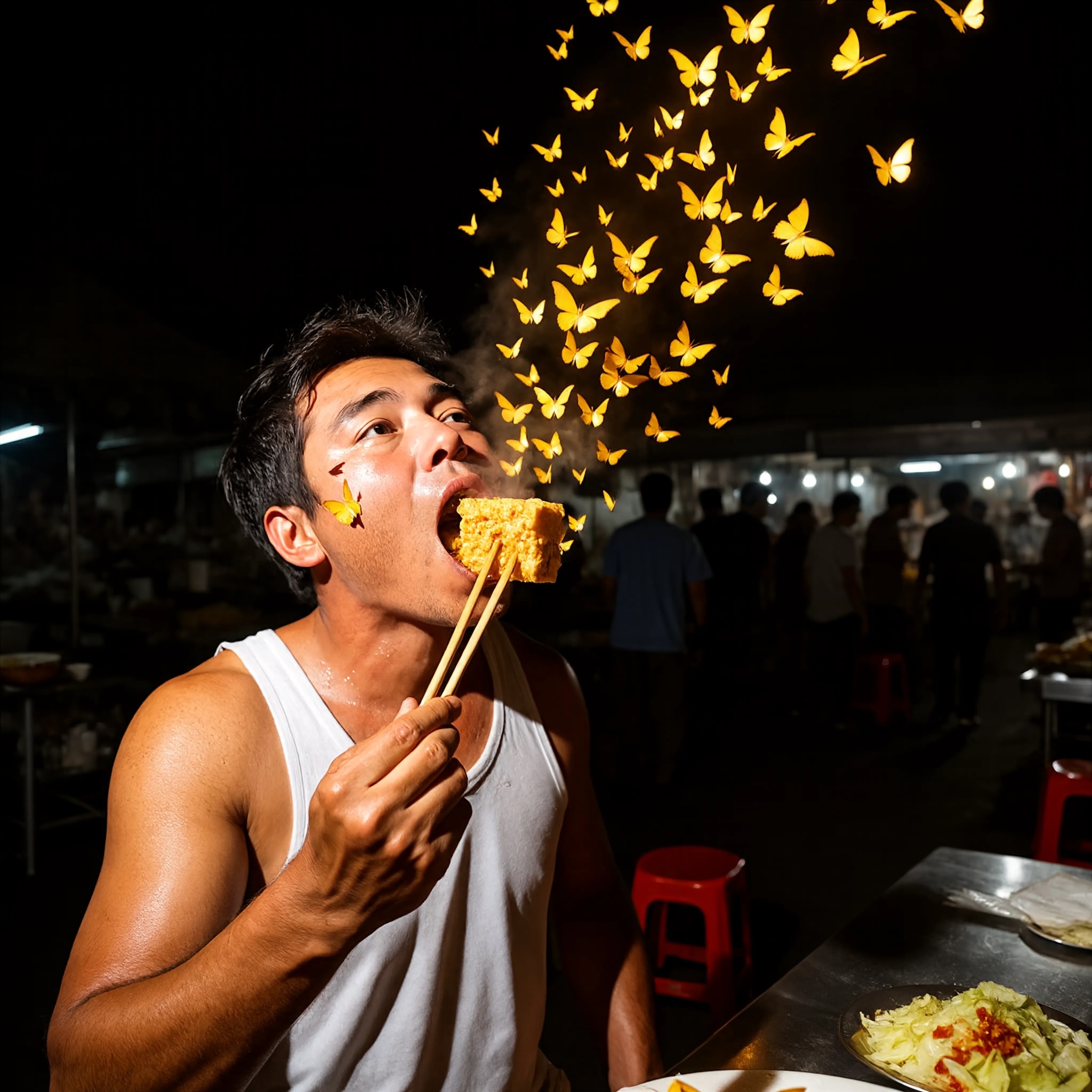 Portrait of a man eating stinky tofu at a night market, with golden butterflies flying from his mouth under dramatic flash lighting