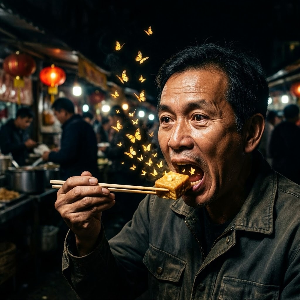 Portrait of a man at a night market stall eating stinky tofu, with glowing golden butterflies emerging from his mouth in a dramatic chiaroscuro style.