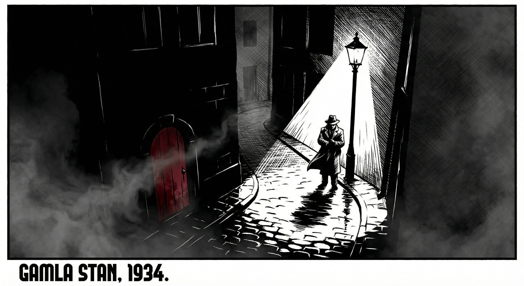High-angle view of a dark, wet alley in Stockholm's Old Town with a single red door and a traveler under a streetlamp, in a 1930s graphic illustration style.