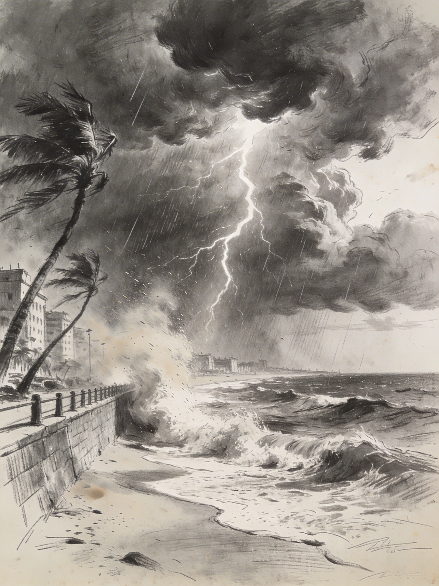 Expressive charcoal drawing of Karachi's Clifton Beach during a storm with dark clouds and blowing sand