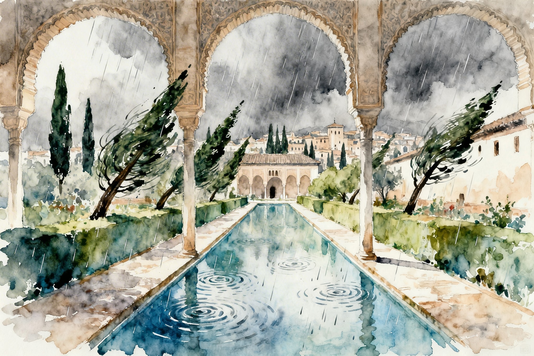 Romantic watercolor and ink illustration of the Generalife palace gardens in Granada during a storm, featuring cypress trees, rectangular pools, and Moorish arches.