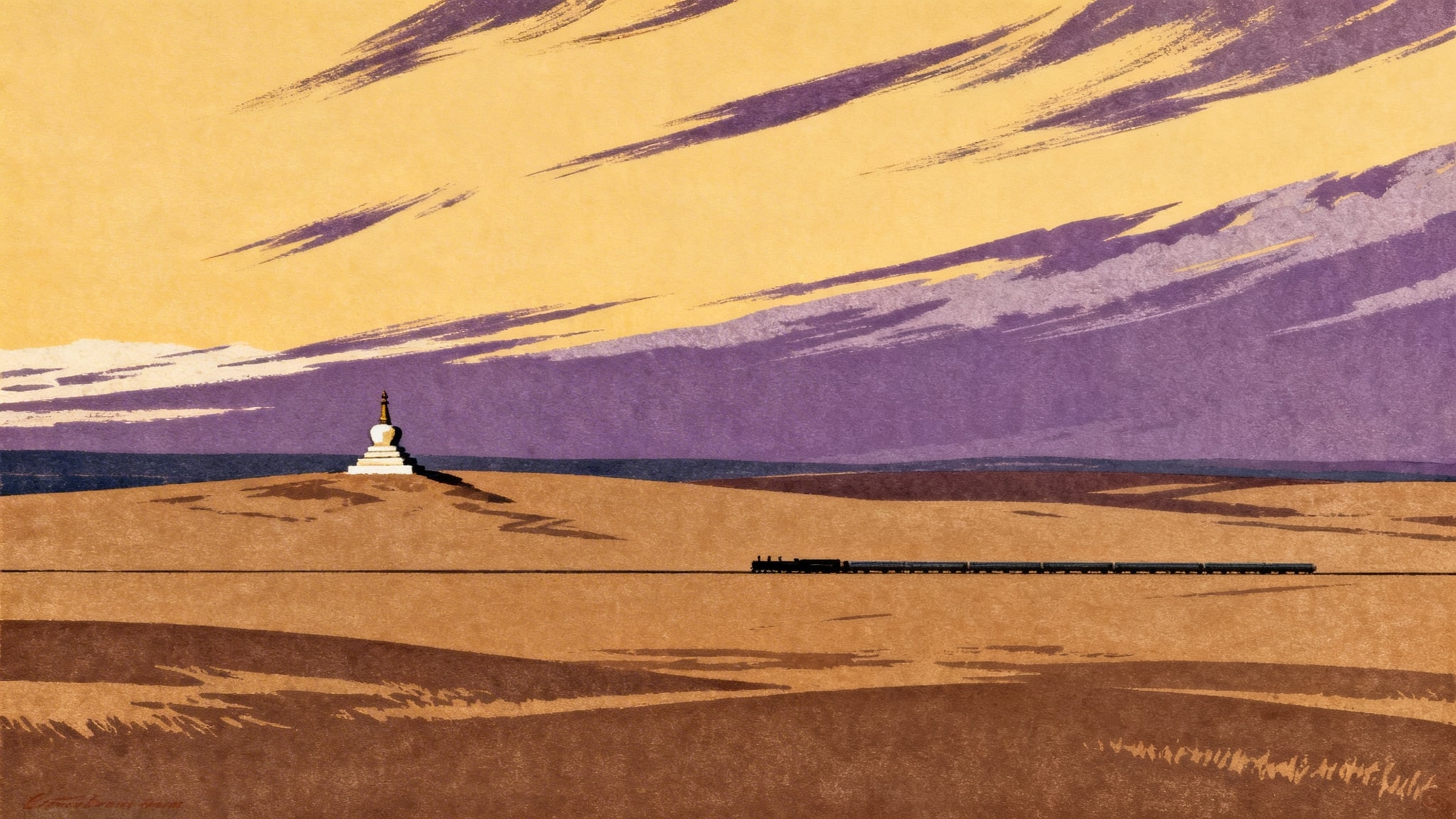 Stylized illustration of a Buddhist stupa and a distant train in a vast desert landscape under a purple sky.