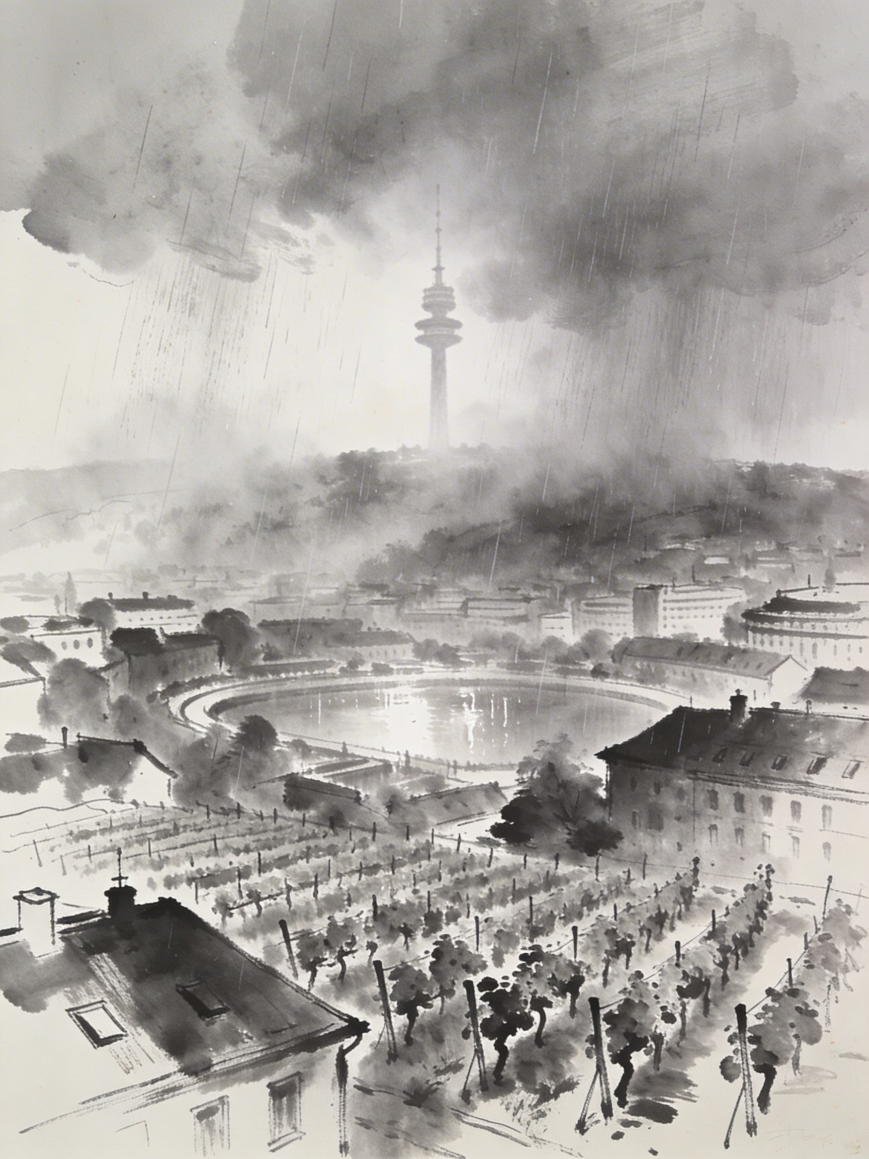 Charcoal and ink drawing of the Stuttgart basin under grey fog with the distant TV tower visible