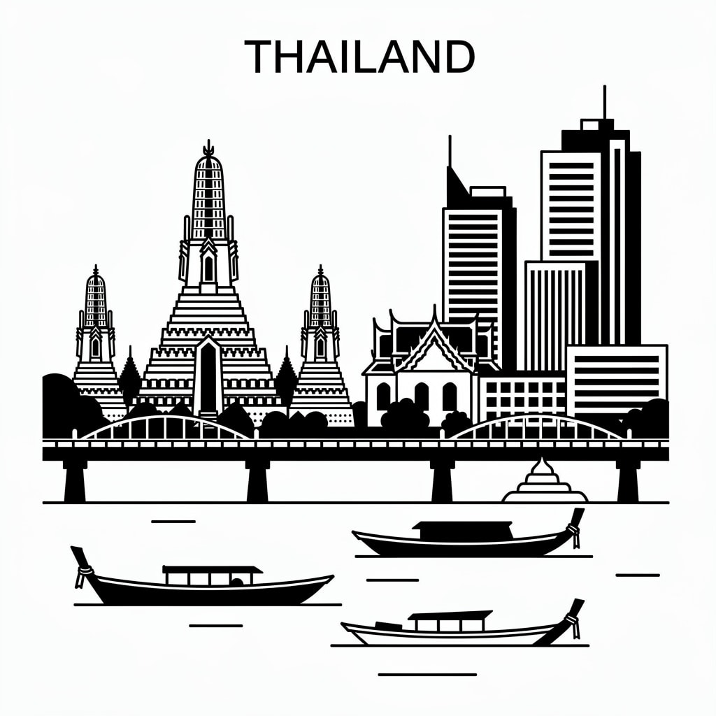 Simplified stylized illustration of Bangkok cityscape in black and white