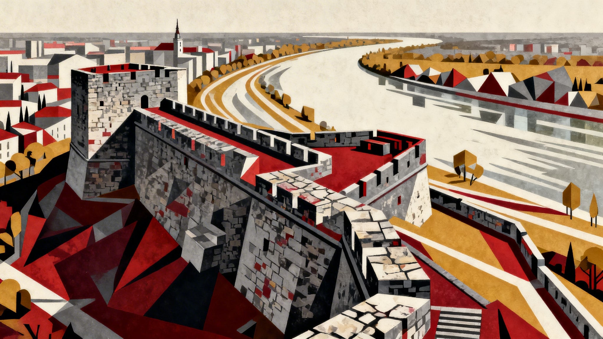 Stylized graphic illustration of a stone fortress overlooking a winding river and city.