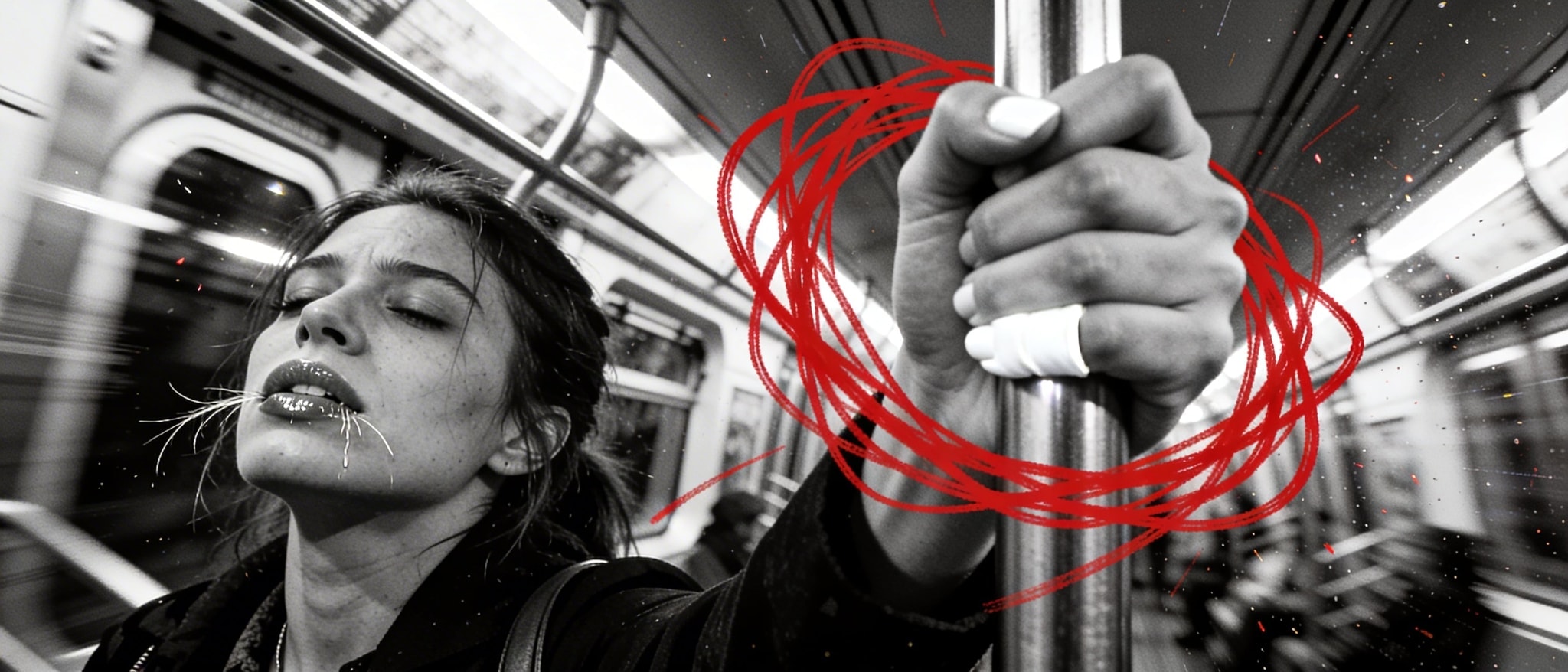 Black and white photo of a tired female commuter gripping a subway pole, with a red scribble highlighting her hand