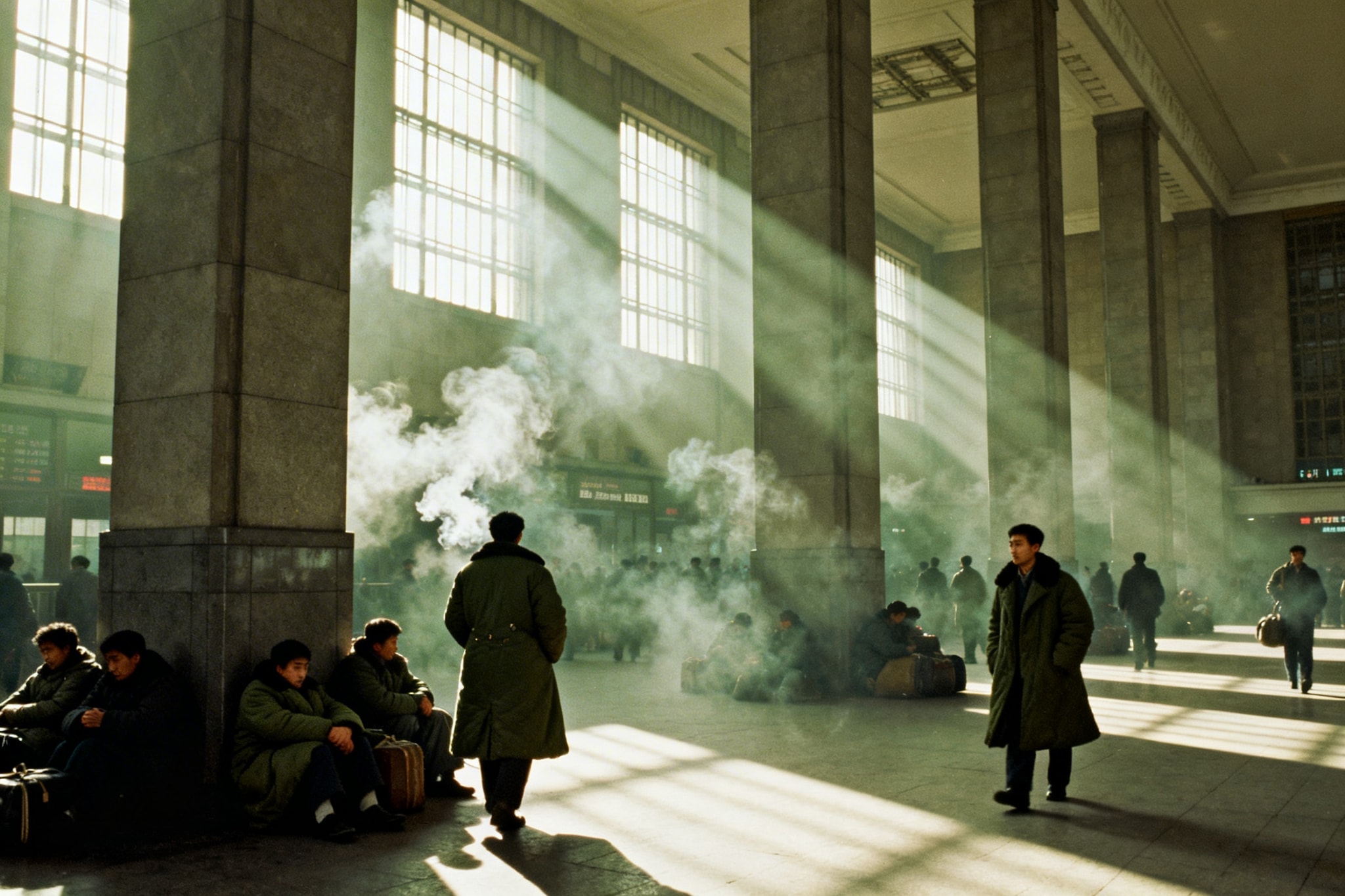 Dramatic sunlight beams streaming through large windows in a crowded train station hall.