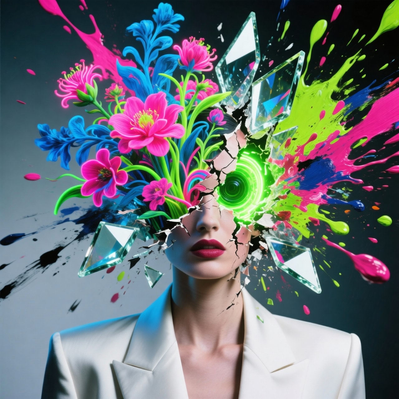 High-fashion portrait of a person with an exploding head revealing neon abstract flowers, glass shards, and paint splatters