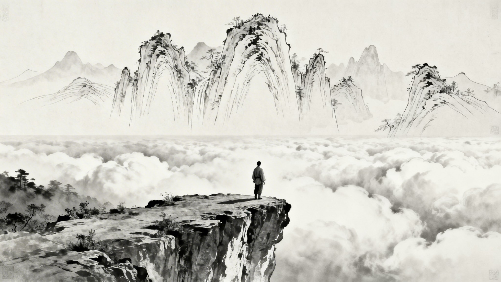 Black and white surrealist image of a traveler on a cliff overlooking clouds, with fine-line drawing mountains rising above