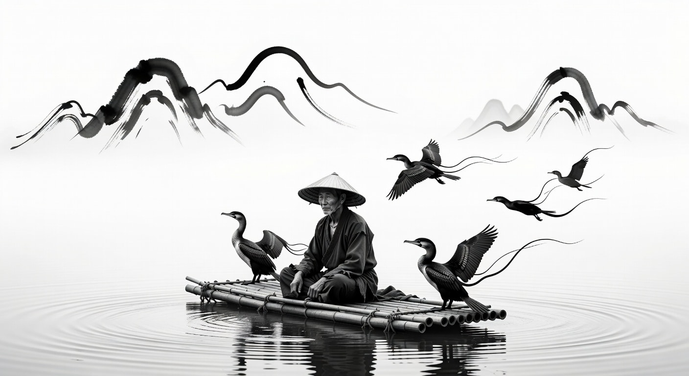 Hyper-realistic black and white photo of a cormorant fisherman on a bamboo raft, with minimalist ink-brush karst mountains and birds transforming into sketches.