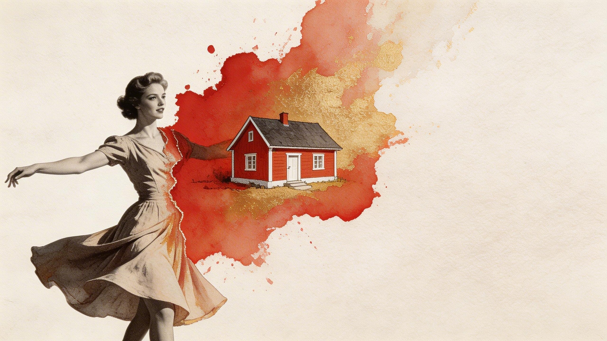 Surreal photo of a dancing woman partially consumed by a Falu-red and gold watercolor burn revealing a cottage