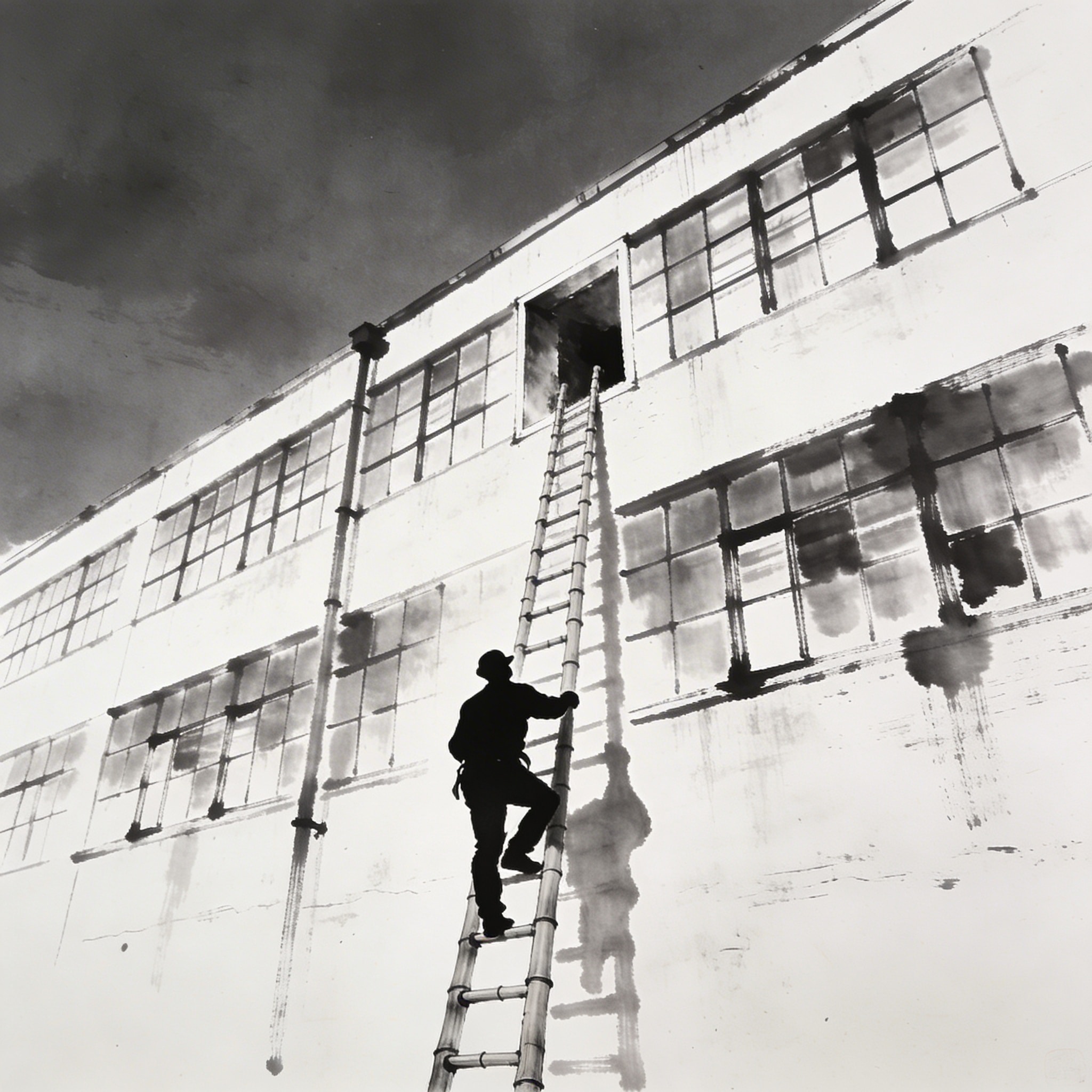 Black and white surrealist image of a worker's silhouette climbing a bamboo ladder against a brutalist ink-wash building facade