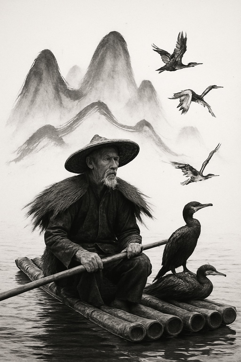 Hyper-realistic black and white photo of a cormorant fisherman on a bamboo raft, with minimalist ink-brush karst mountains and birds transforming into sketches.